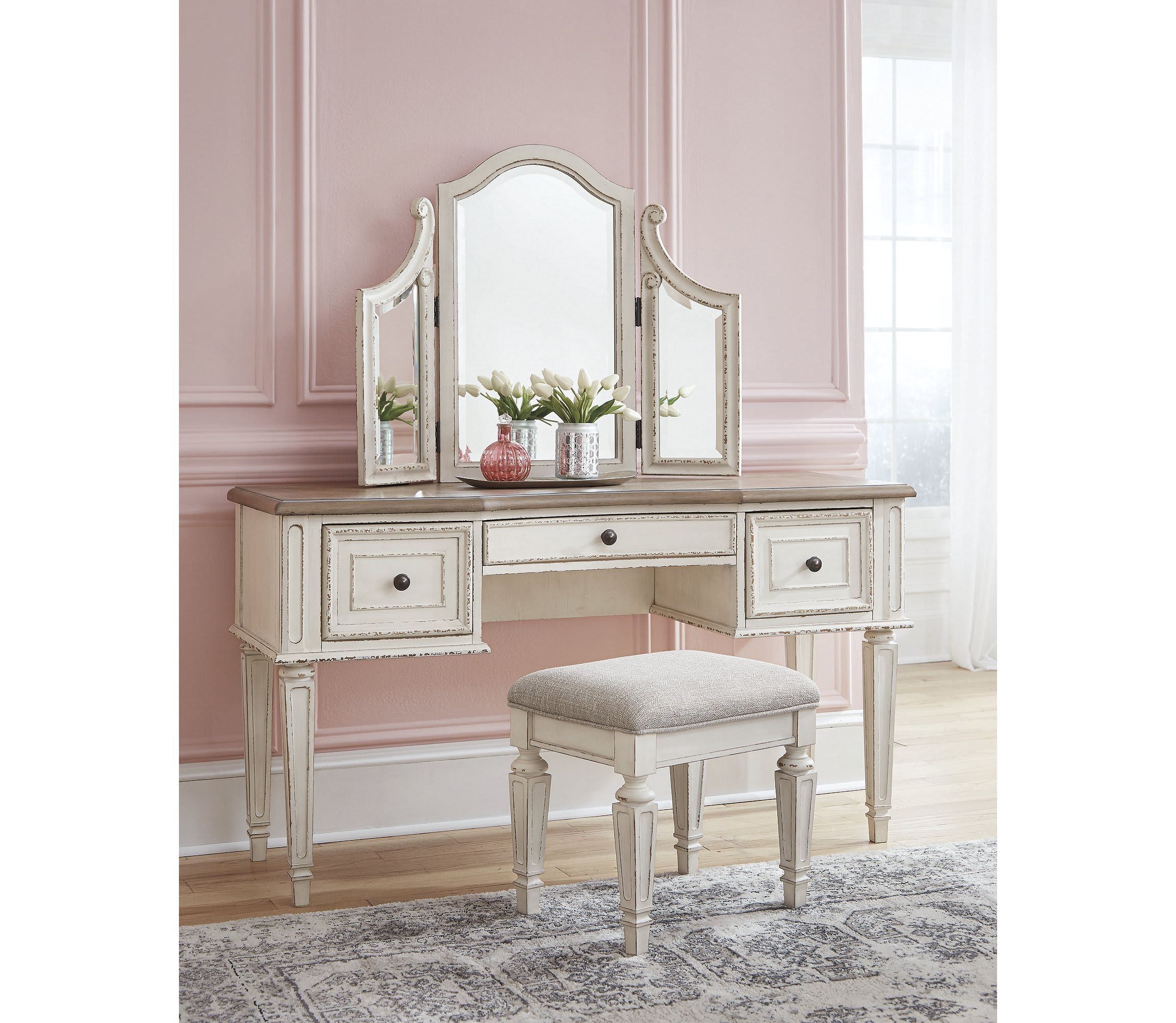 Realyn Vanity and Mirror with Stool