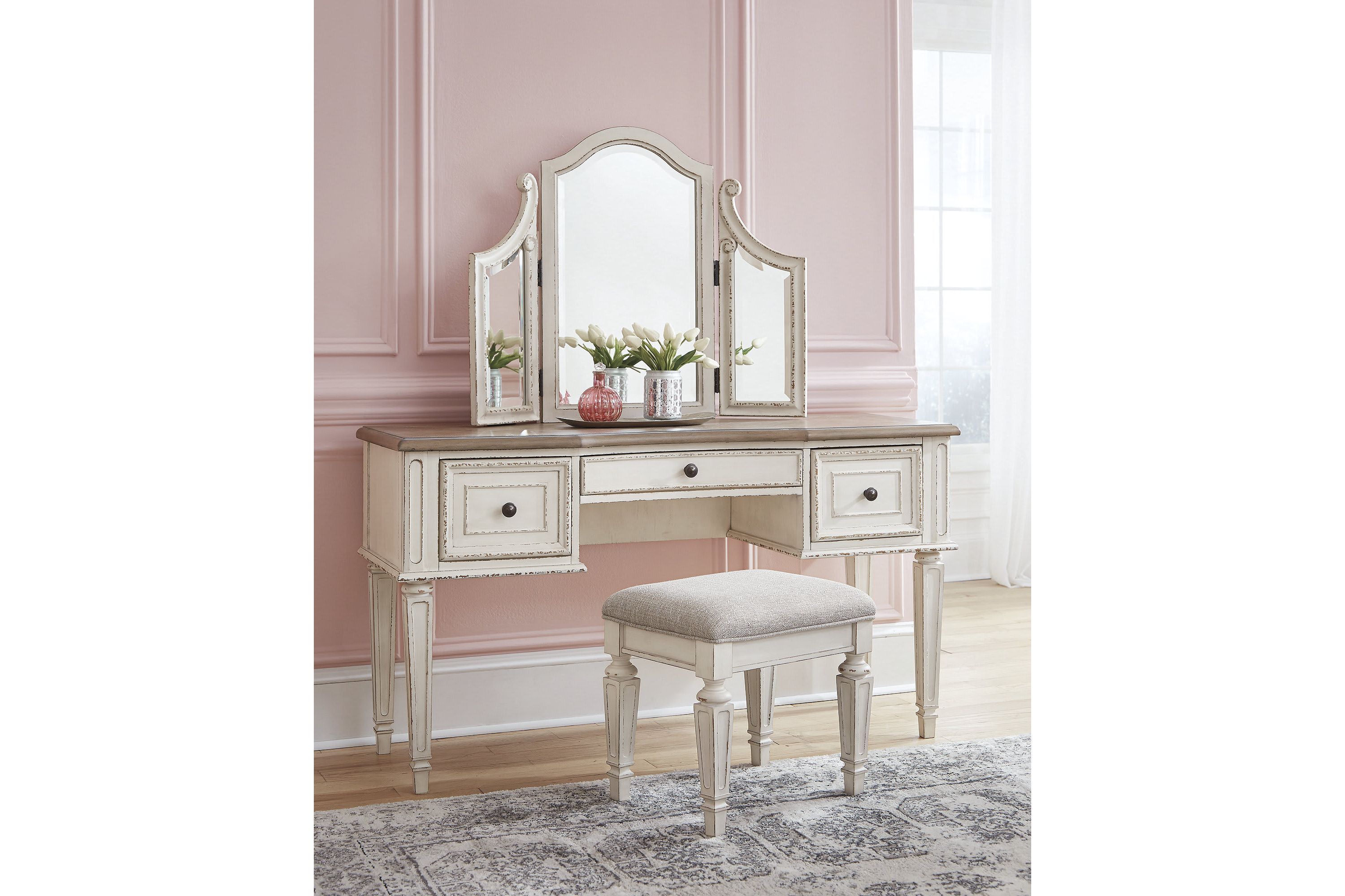 Realyn Vanity and Mirror with Stool