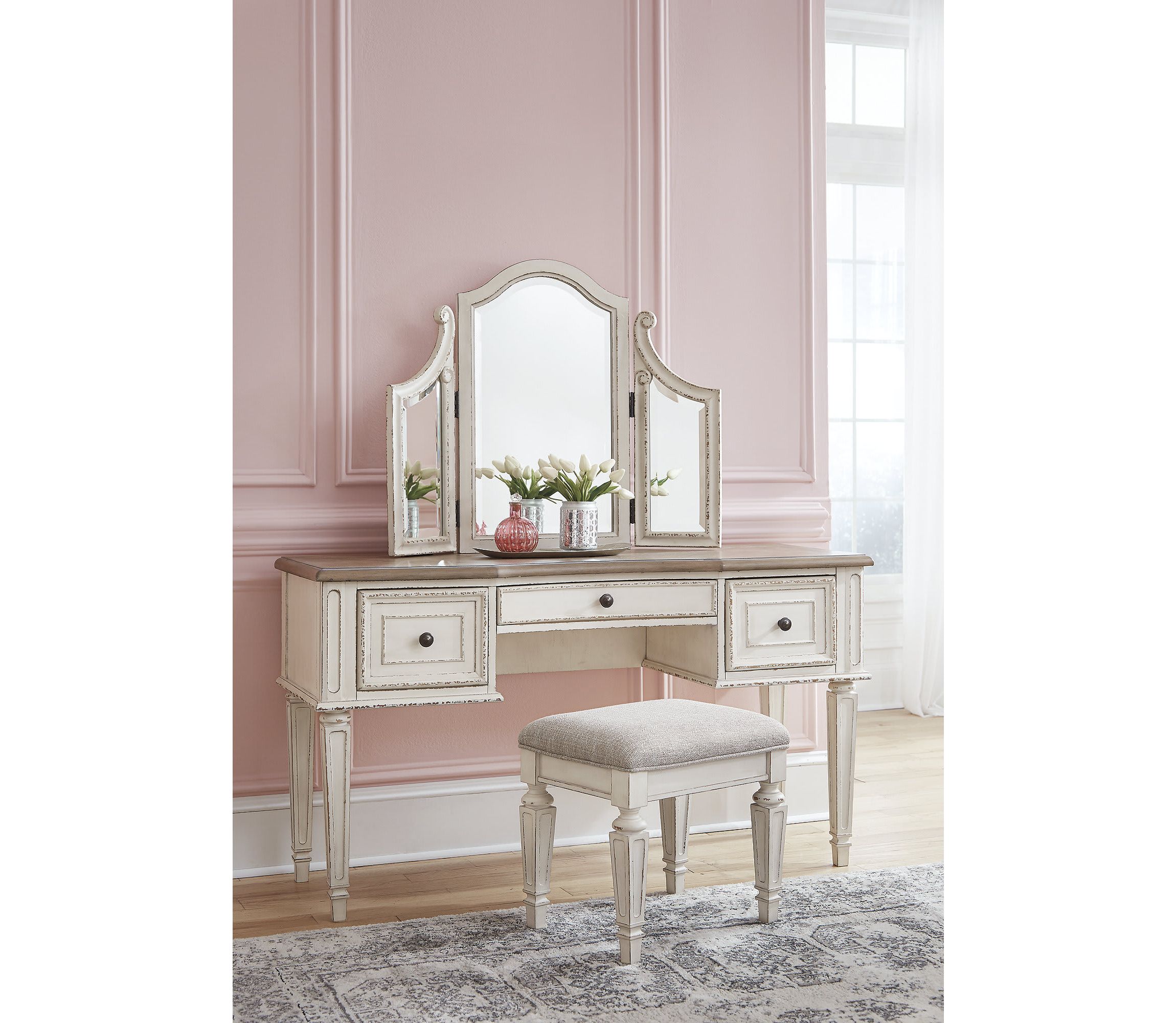 Realyn Vanity and Mirror with Stool