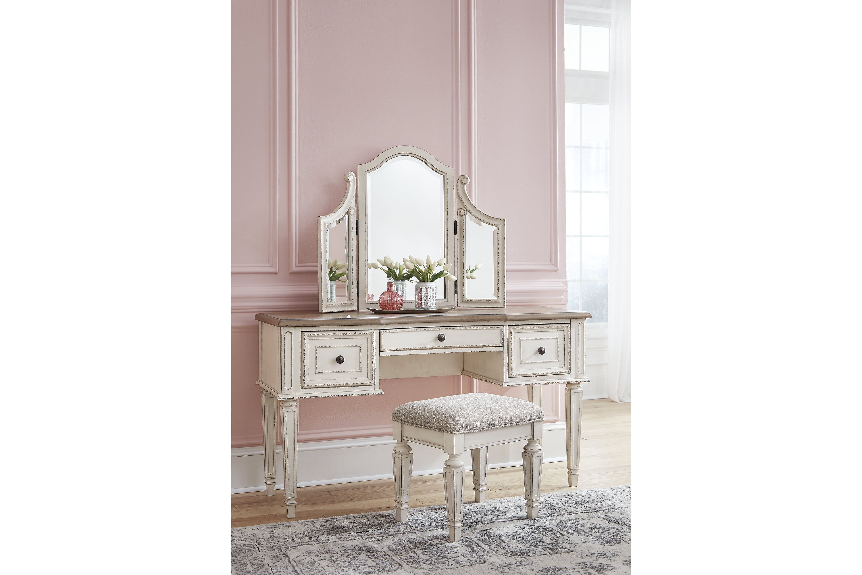 Realyn Vanity and Mirror with Stool