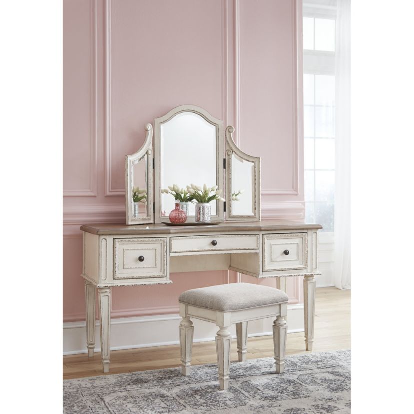 Realyn Vanity and Mirror with Stool