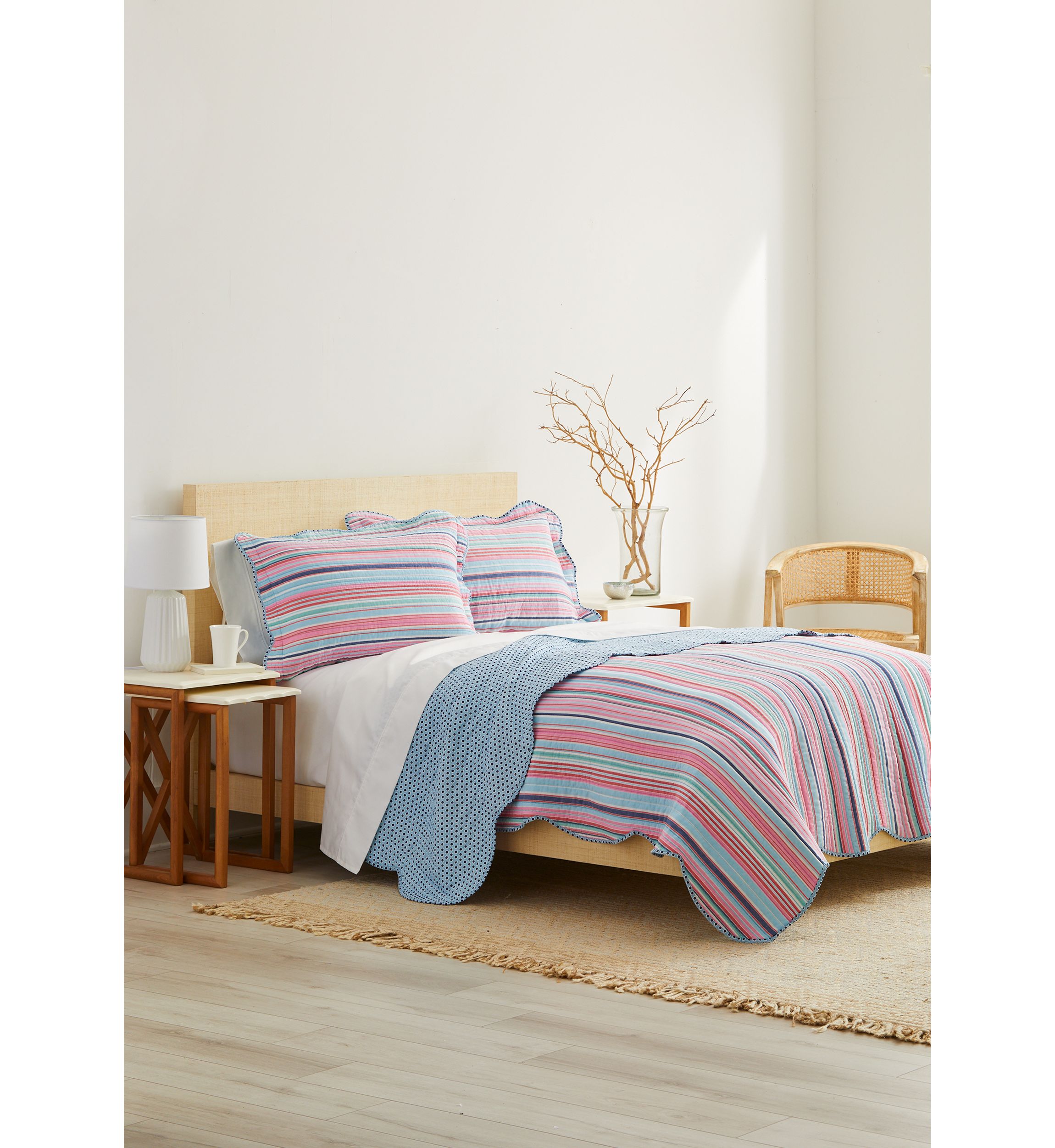 3 Piece Scallop Trim Pink Stripe Quilt Set