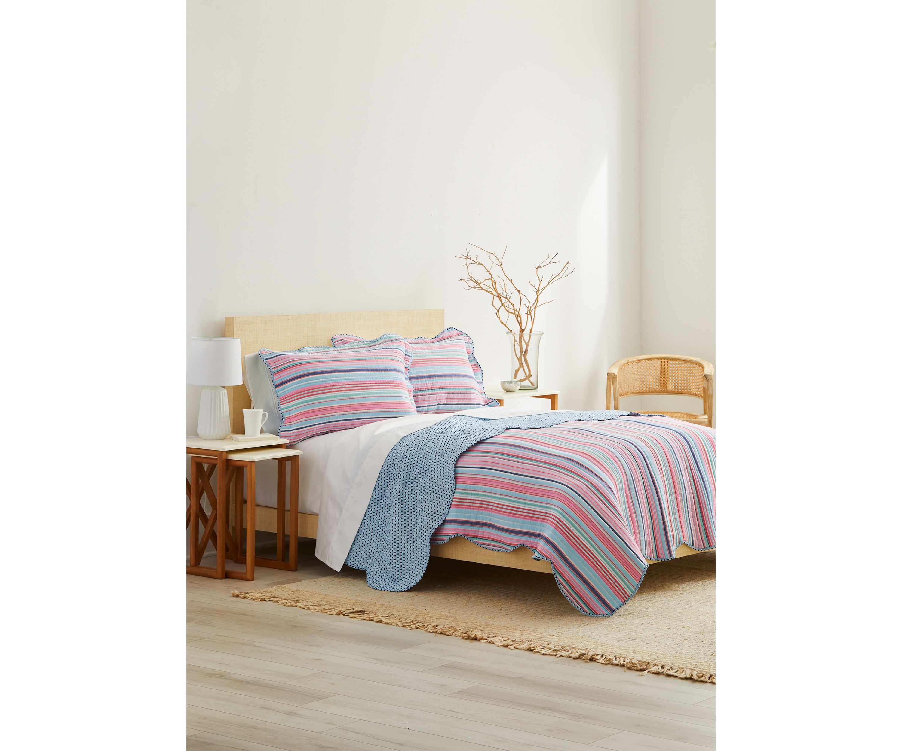 3 Piece Scallop Trim Pink Stripe Quilt Set