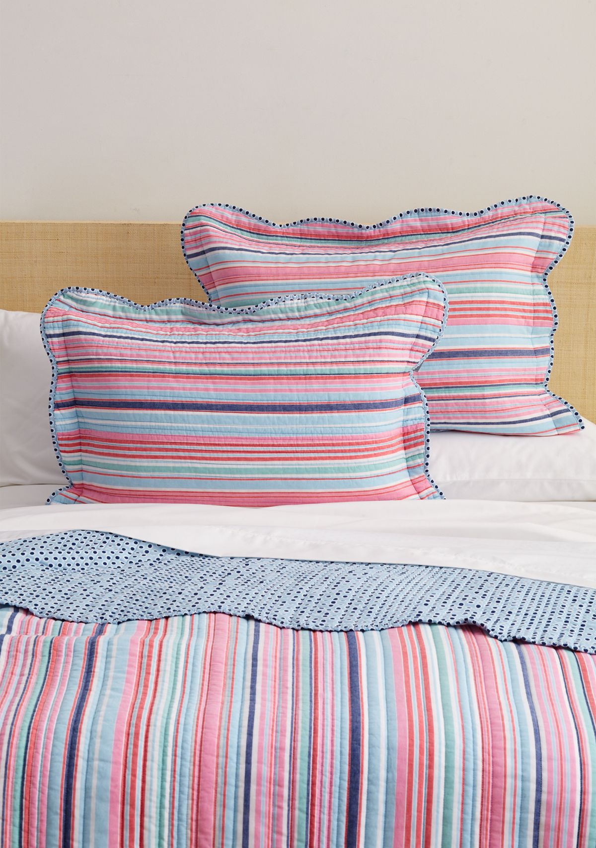 3 Piece Scallop Trim Pink Stripe Quilt Set