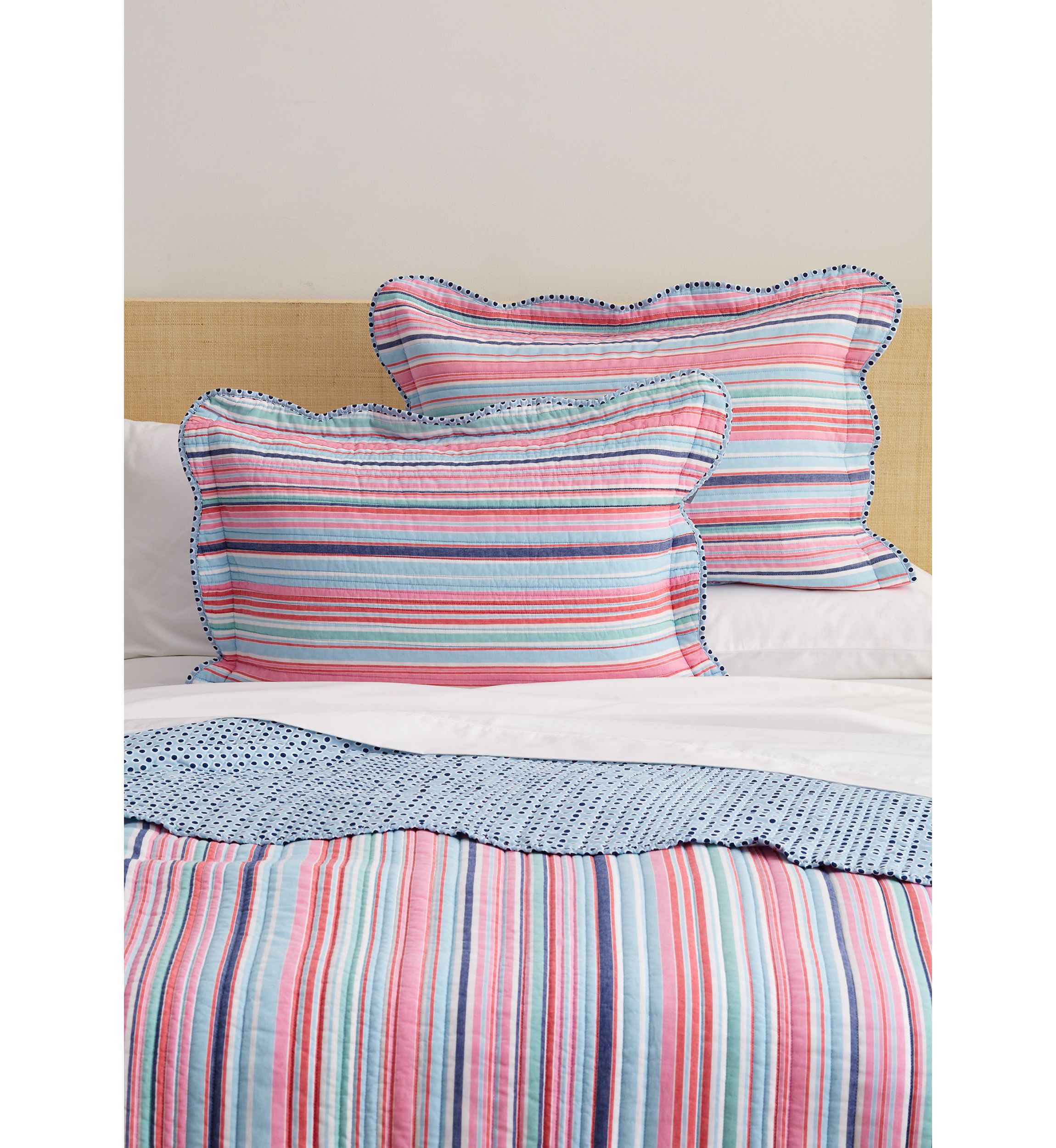 3 Piece Scallop Trim Pink Stripe Quilt Set