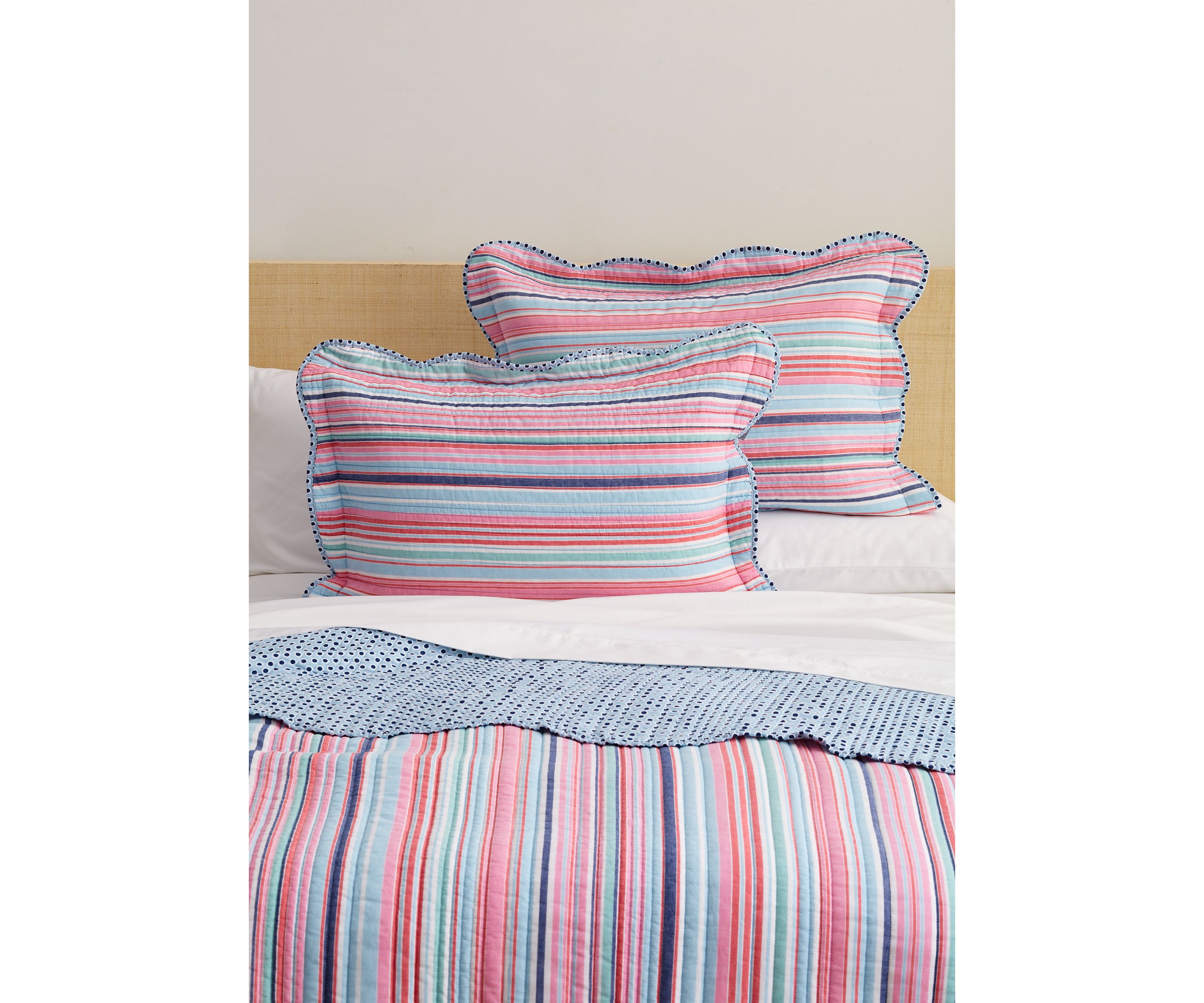 3 Piece Scallop Trim Pink Stripe Quilt Set