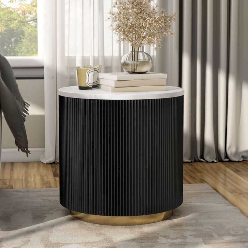 Floren 19.5-inch Black and White Round Marble Top End Table