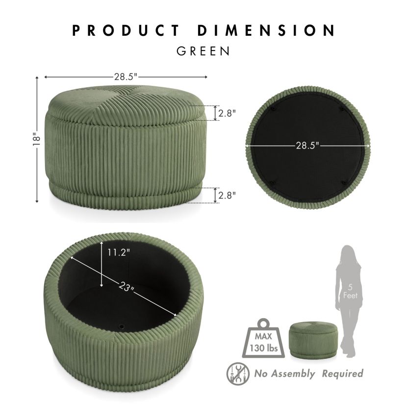 Poplar 28.5-inch Round Storage Ottoman