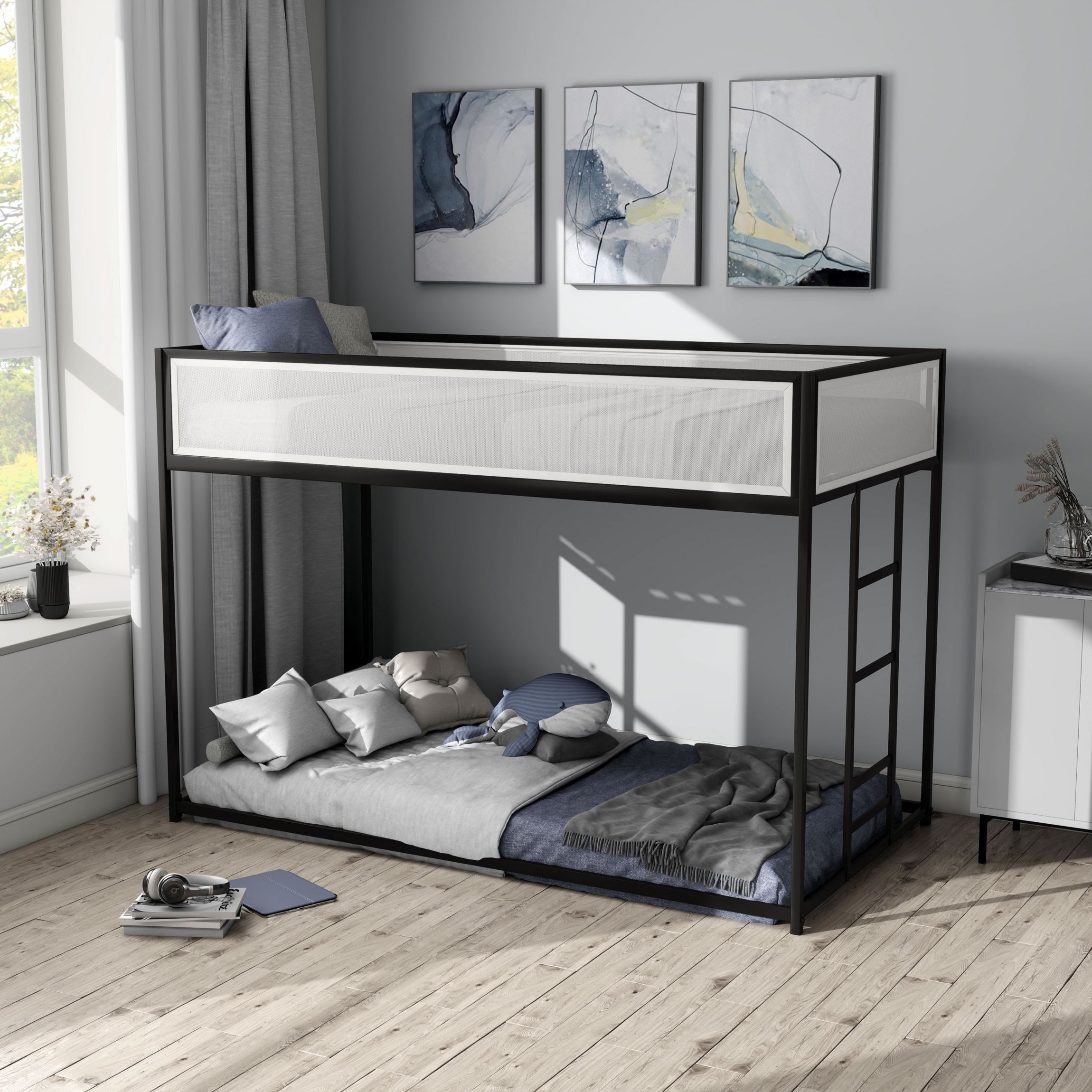 Leo Black and White Twin Metal Bunk Bed