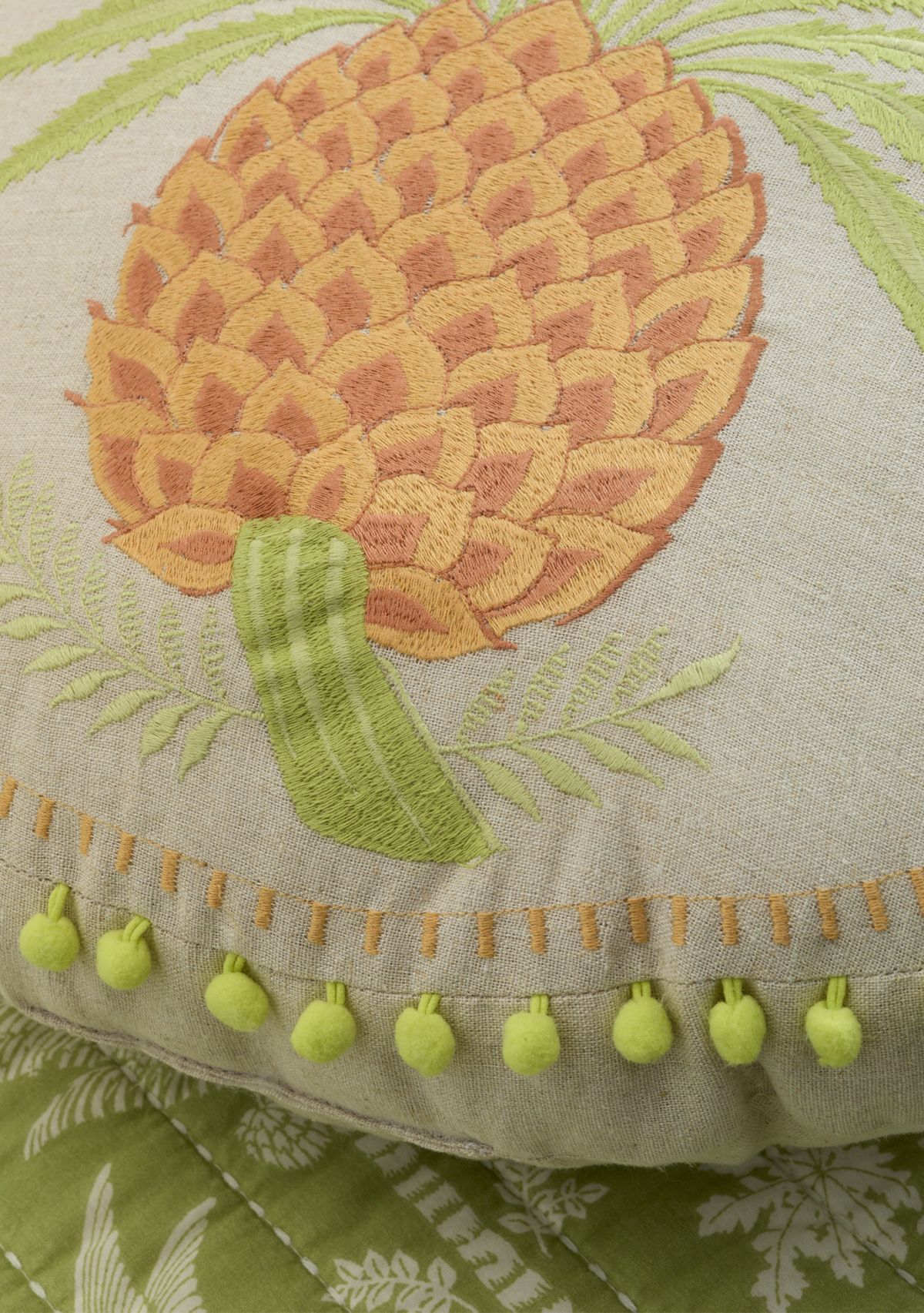 Queenie Pineapple Round Embroidered Decorative Pillow