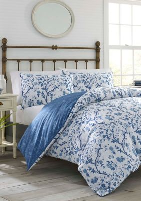 Laura Ashley Elise 3-Piece Floral Cotton Duvet Cover Set, Blue
