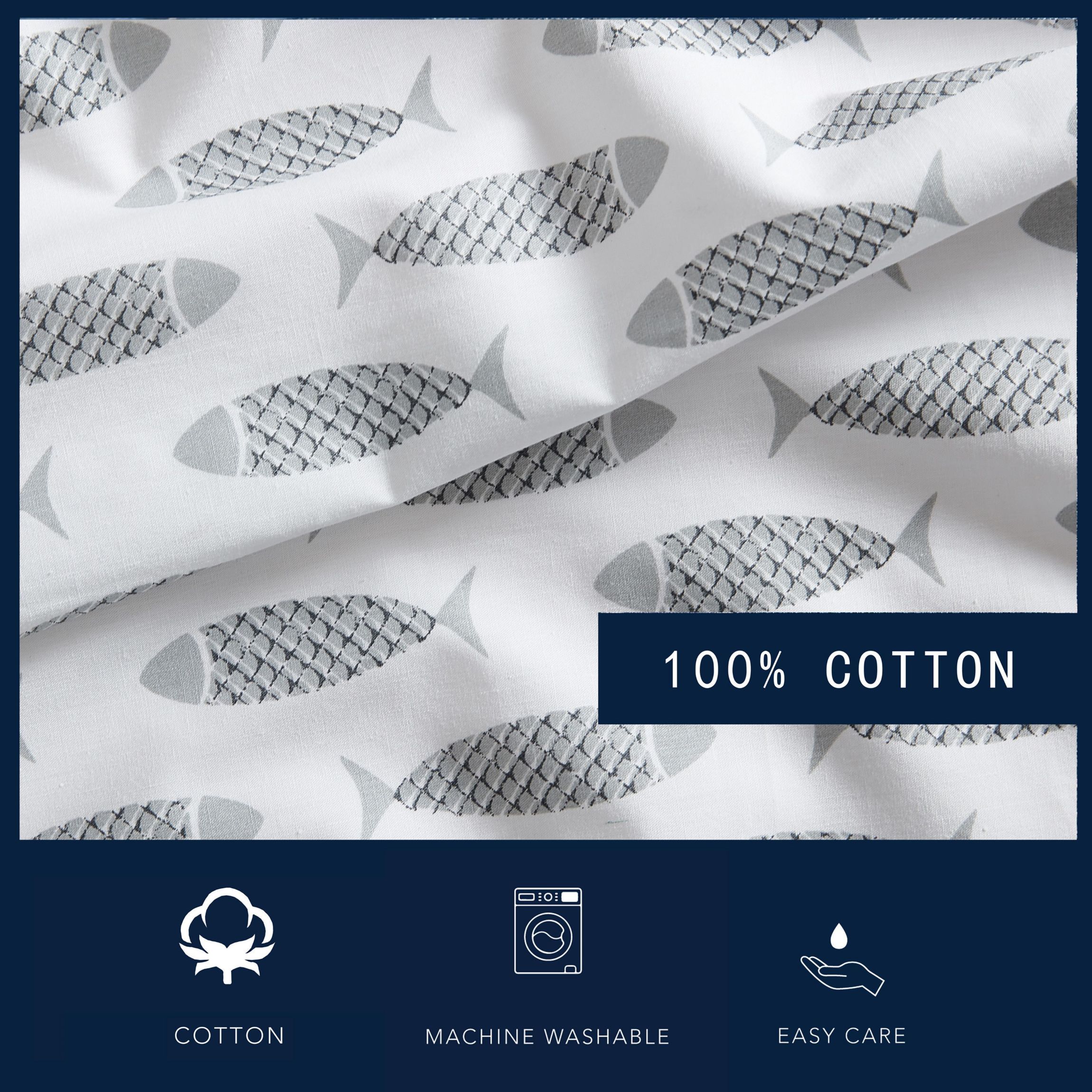 Woodblock Fish 100% Cotton Percale- 4 Piece- Sheet Set