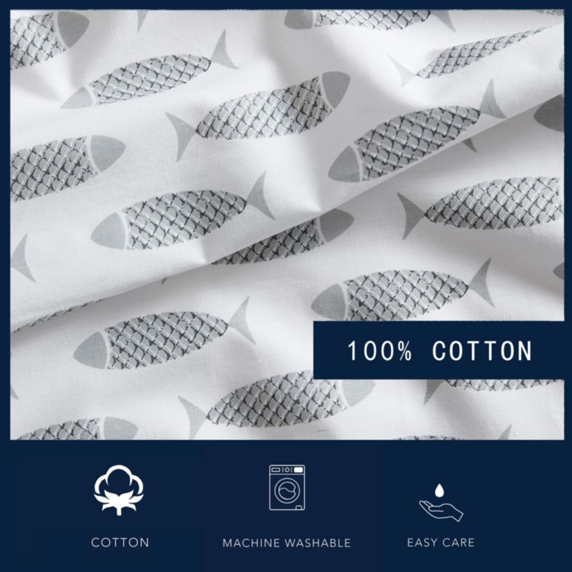 Woodblock Fish 100% Cotton Percale- 4 Piece- Sheet Set