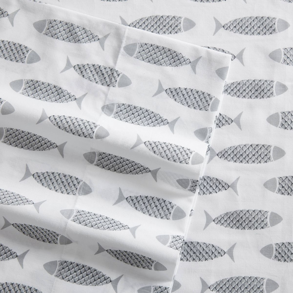 Woodblock Fish 100% Cotton Percale- 3 Piece- Sheet Set