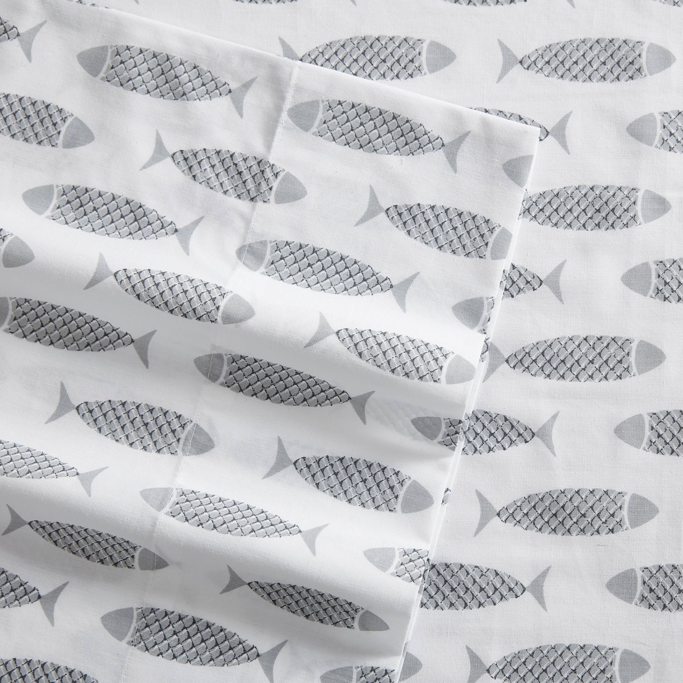 Woodblock Fish 100% Cotton Percale- 4 Piece- Sheet Set