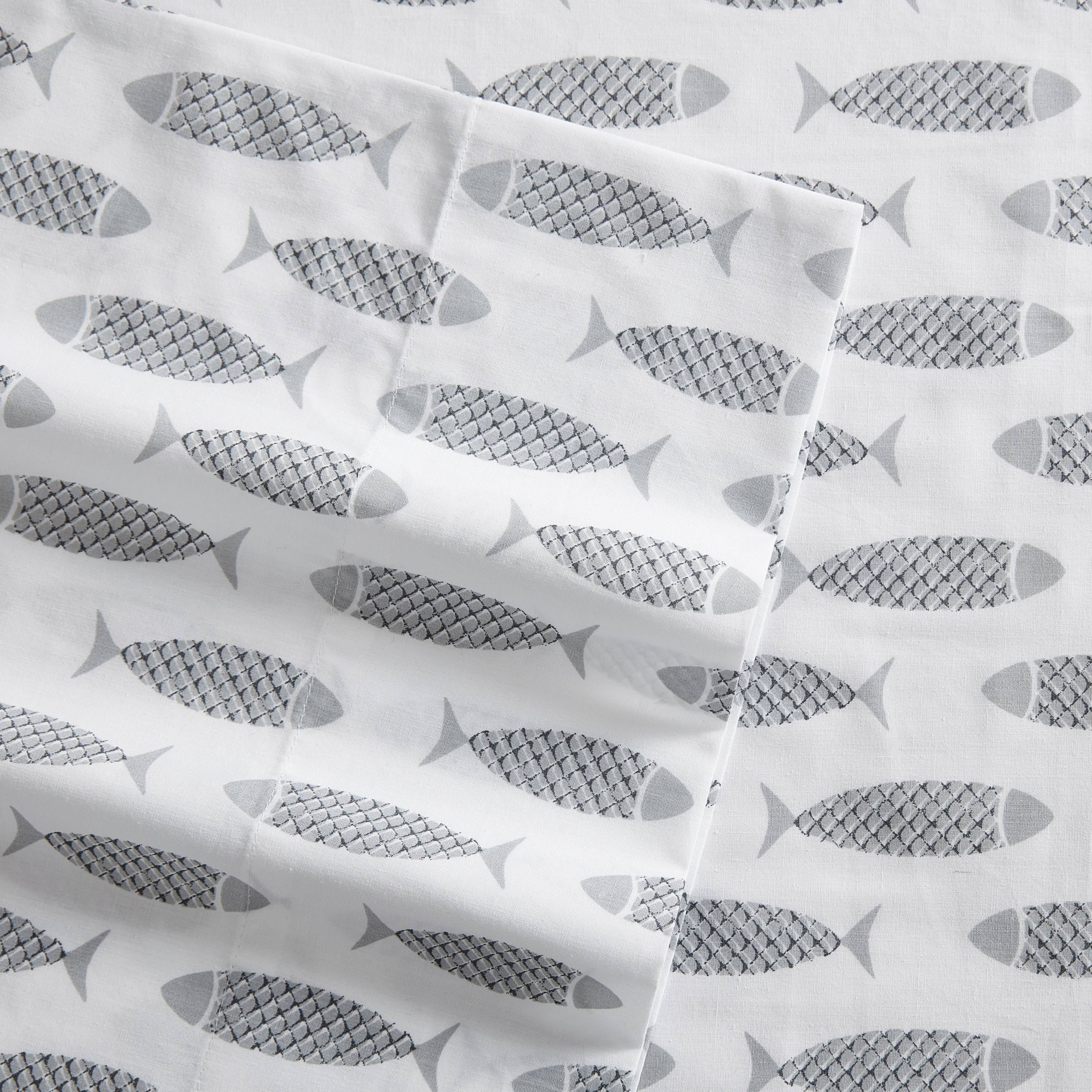 Woodblock Fish 100% Cotton Percale- 4 Piece- Sheet Set