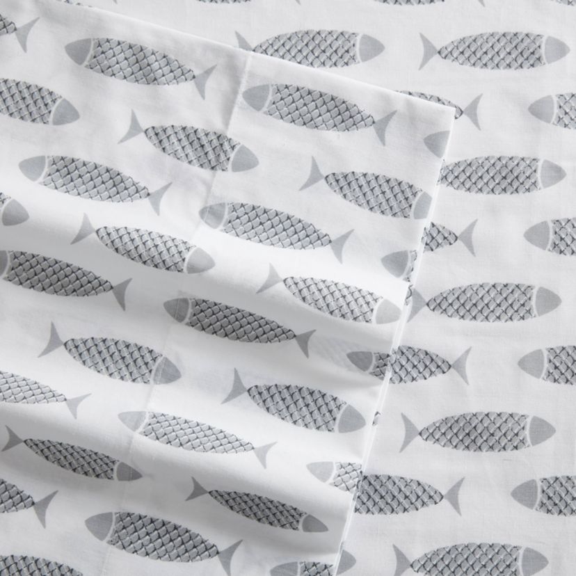 Woodblock Fish 100% Cotton Percale- 4 Piece- Sheet Set