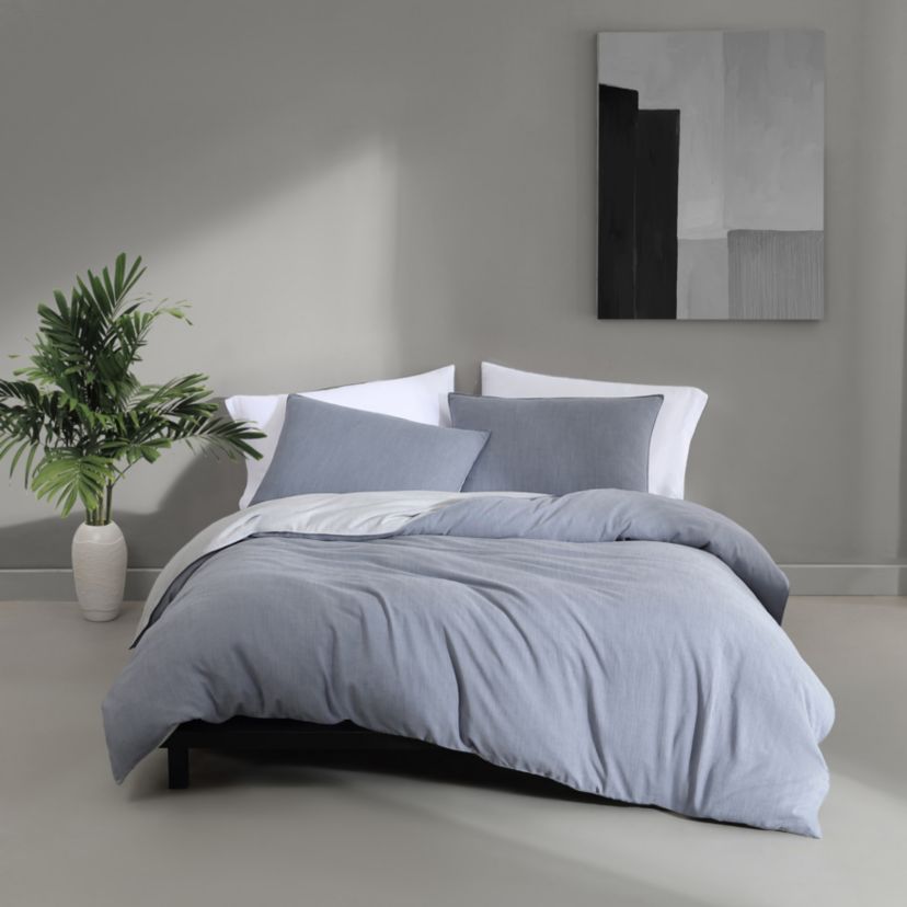 Tencel Reversible Solid Blue Queen Duvet Cover Set-3 Piece