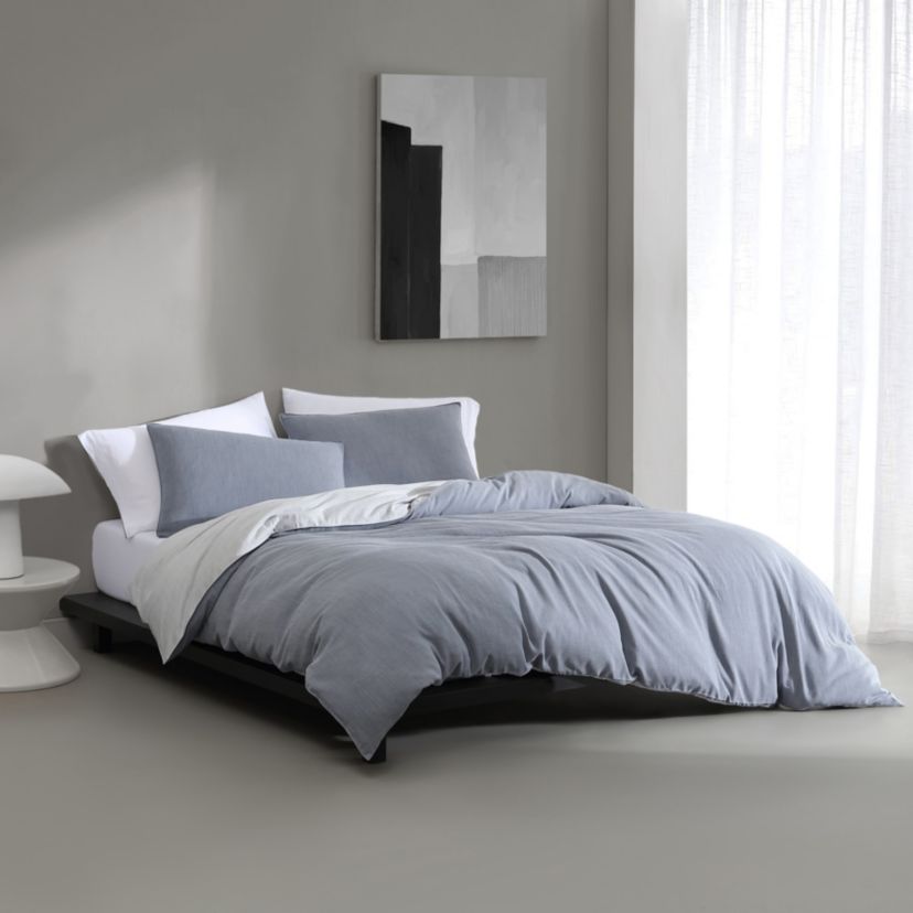 Tencel Reversible Solid Blue Queen Duvet Cover Set-3 Piece