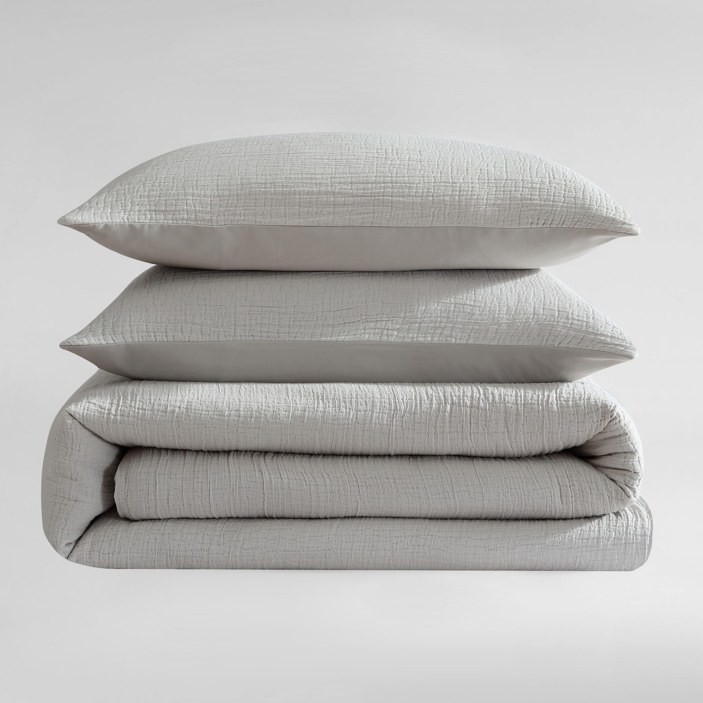 Washed Texture Solid Grey Queen Duvet Cover Set-3 Piece