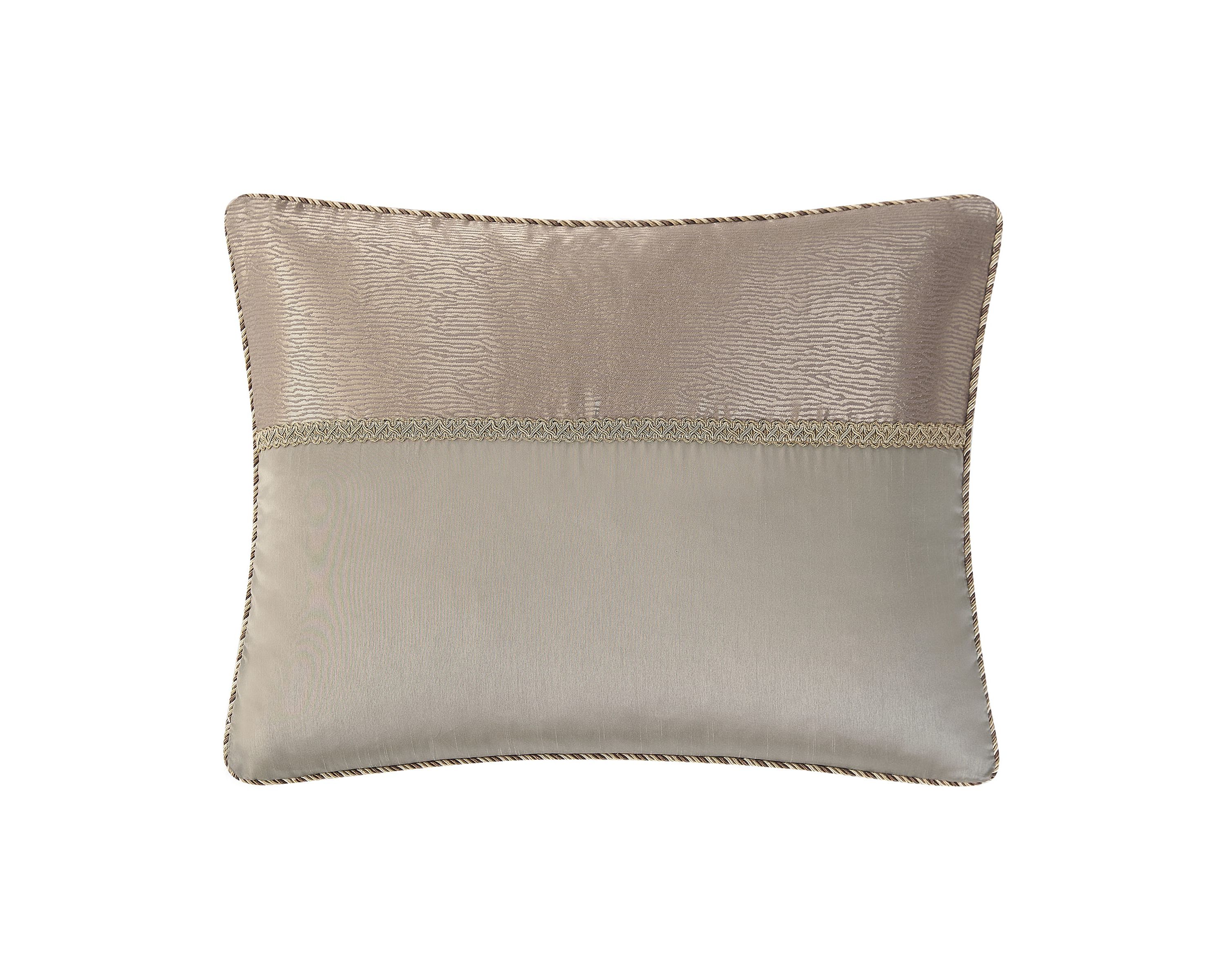 The rich Waterford Fine Linens Hazeldene bedding set is a beautiful allover taupe design. The woven jacquard comforter has a pucker construction creating exquisite dimension. Coordinating pillow shams add shine and are finished with an elegant accent and corded trim.   Included in the set is a ruffled taupe bedskirt and textured euro shams with a ruched border and fringe accent reversing to an hourglass design.  Queen dimensions: Comforter 92" x 96", Std Sham 20" x 26",  European Sham 26" x 26" Bed Skirt 60" x 80" with 16" drop, King dimensions: Comforter 110" x 96", King Shams 20" x 36", European shams 26" x 26" and Bed Skirt 72" x 84" with 16" drop.  Dry Clean Only.