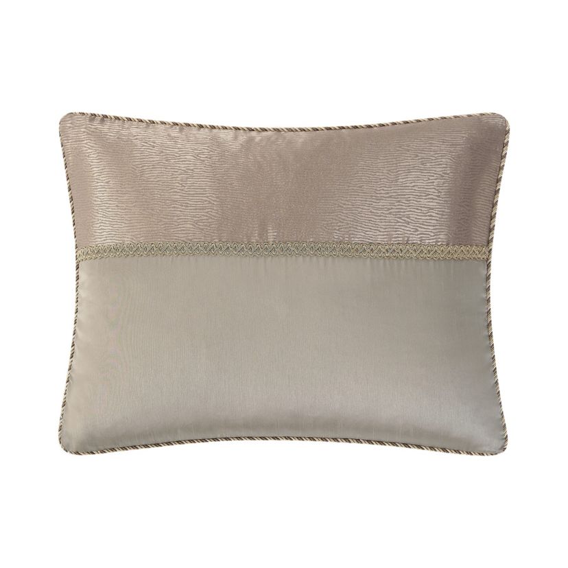 The rich Waterford Fine Linens Hazeldene bedding set is a beautiful allover taupe design. The woven jacquard comforter has a pucker construction creating exquisite dimension. Coordinating pillow shams add shine and are finished with an elegant accent and corded trim.   Included in the set is a ruffled taupe bedskirt and textured euro shams with a ruched border and fringe accent reversing to an hourglass design.  Queen dimensions: Comforter 92" x 96", Std Sham 20" x 26",  European Sham 26" x 26" Bed Skirt 60" x 80" with 16" drop, King dimensions: Comforter 110" x 96", King Shams 20" x 36", European shams 26" x 26" and Bed Skirt 72" x 84" with 16" drop.  Dry Clean Only.