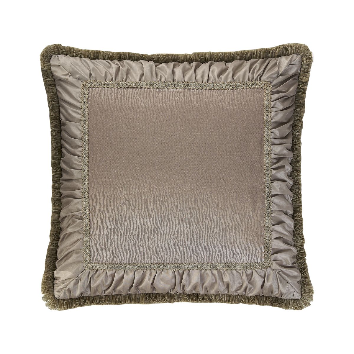 The rich Waterford Fine Linens Hazeldene bedding set is a beautiful allover taupe design. The woven jacquard comforter has a pucker construction creating exquisite dimension. Coordinating pillow shams add shine and are finished with an elegant accent and corded trim.   Included in the set is a ruffled taupe bedskirt and textured euro shams with a ruched border and fringe accent reversing to an hourglass design.  Queen dimensions: Comforter 92" x 96", Std Sham 20" x 26",  European Sham 26" x 26" Bed Skirt 60" x 80" with 16" drop, King dimensions: Comforter 110" x 96", King Shams 20" x 36", European shams 26" x 26" and Bed Skirt 72" x 84" with 16" drop.  Dry Clean Only.