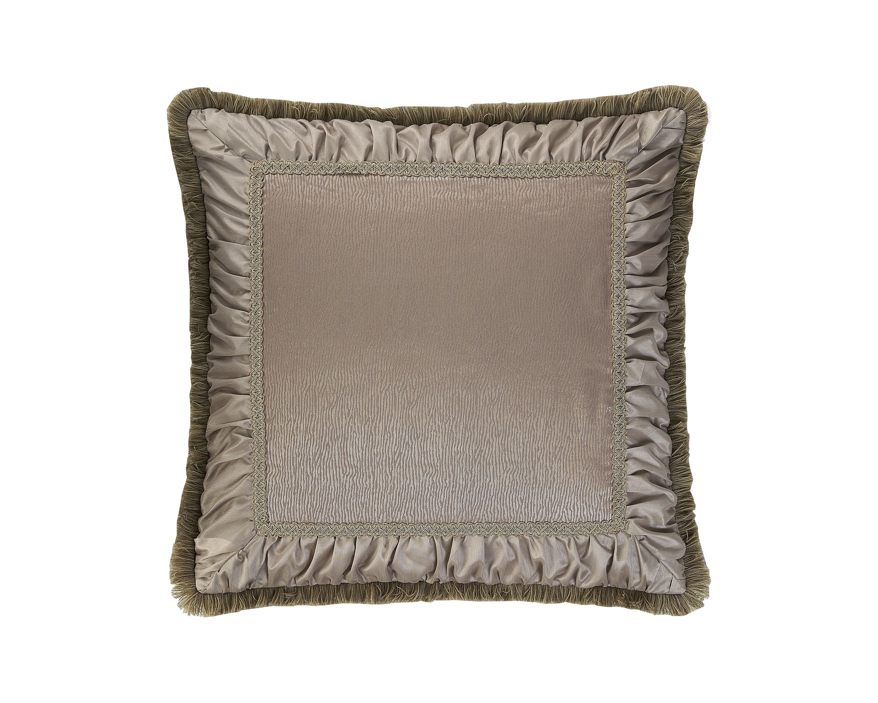The rich Waterford Fine Linens Hazeldene bedding set is a beautiful allover taupe design. The woven jacquard comforter has a pucker construction creating exquisite dimension. Coordinating pillow shams add shine and are finished with an elegant accent and corded trim.   Included in the set is a ruffled taupe bedskirt and textured euro shams with a ruched border and fringe accent reversing to an hourglass design.  Queen dimensions: Comforter 92" x 96", Std Sham 20" x 26",  European Sham 26" x 26" Bed Skirt 60" x 80" with 16" drop, King dimensions: Comforter 110" x 96", King Shams 20" x 36", European shams 26" x 26" and Bed Skirt 72" x 84" with 16" drop.  Dry Clean Only.