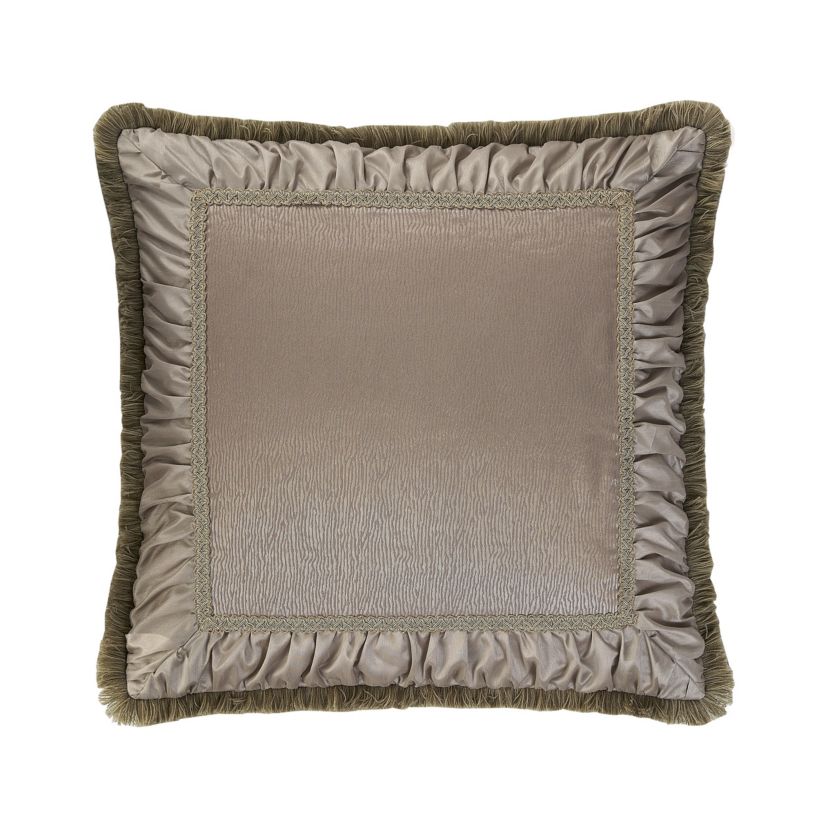 The rich Waterford Fine Linens Hazeldene bedding set is a beautiful allover taupe design. The woven jacquard comforter has a pucker construction creating exquisite dimension. Coordinating pillow shams add shine and are finished with an elegant accent and corded trim.   Included in the set is a ruffled taupe bedskirt and textured euro shams with a ruched border and fringe accent reversing to an hourglass design.  Queen dimensions: Comforter 92" x 96", Std Sham 20" x 26",  European Sham 26" x 26" Bed Skirt 60" x 80" with 16" drop, King dimensions: Comforter 110" x 96", King Shams 20" x 36", European shams 26" x 26" and Bed Skirt 72" x 84" with 16" drop.  Dry Clean Only.