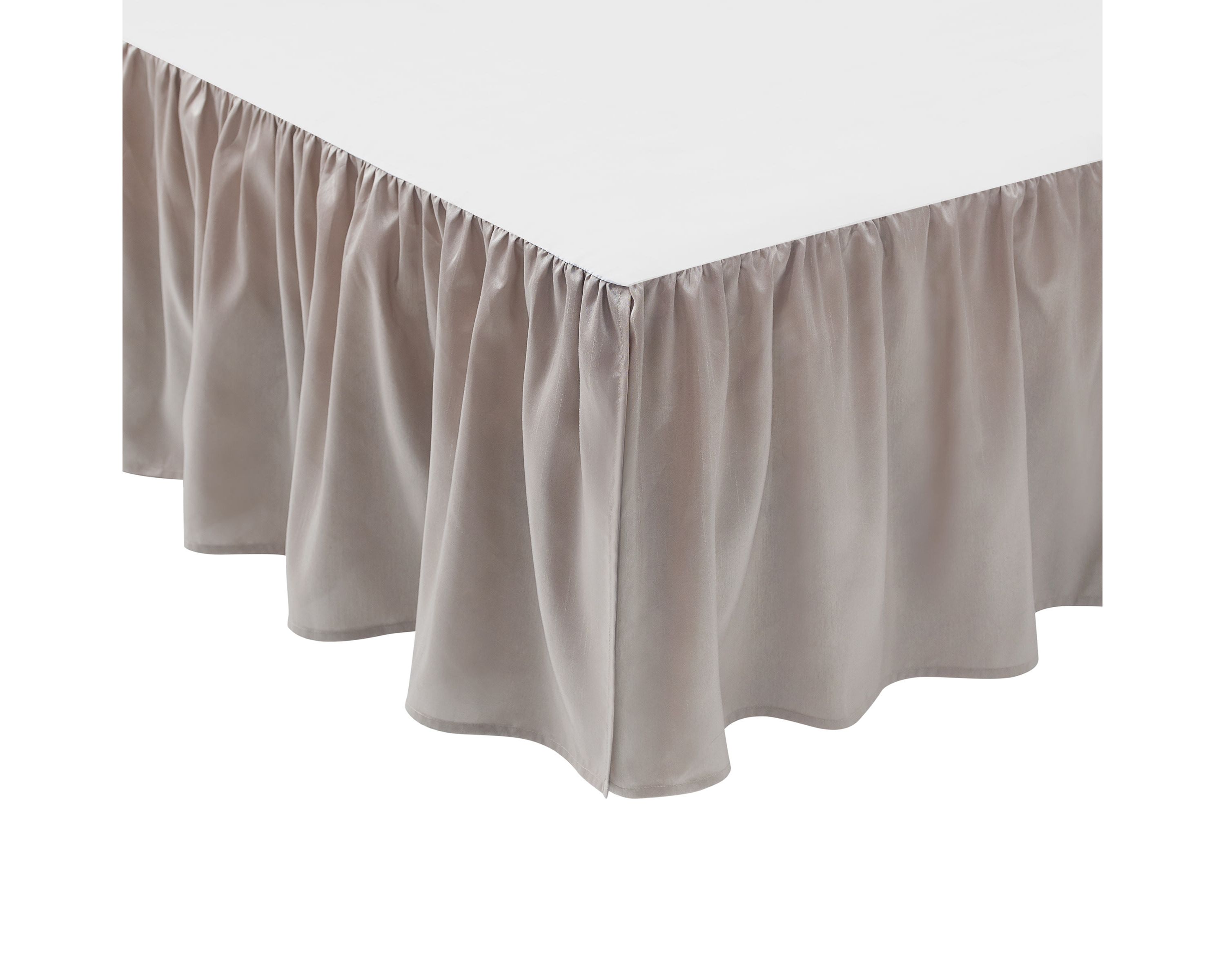 The rich Waterford Fine Linens Hazeldene bedding set is a beautiful allover taupe design. The woven jacquard comforter has a pucker construction creating exquisite dimension. Coordinating pillow shams add shine and are finished with an elegant accent and corded trim.   Included in the set is a ruffled taupe bedskirt and textured euro shams with a ruched border and fringe accent reversing to an hourglass design.  Queen dimensions: Comforter 92" x 96", Std Sham 20" x 26",  European Sham 26" x 26" Bed Skirt 60" x 80" with 16" drop, King dimensions: Comforter 110" x 96", King Shams 20" x 36", European shams 26" x 26" and Bed Skirt 72" x 84" with 16" drop.  Dry Clean Only.