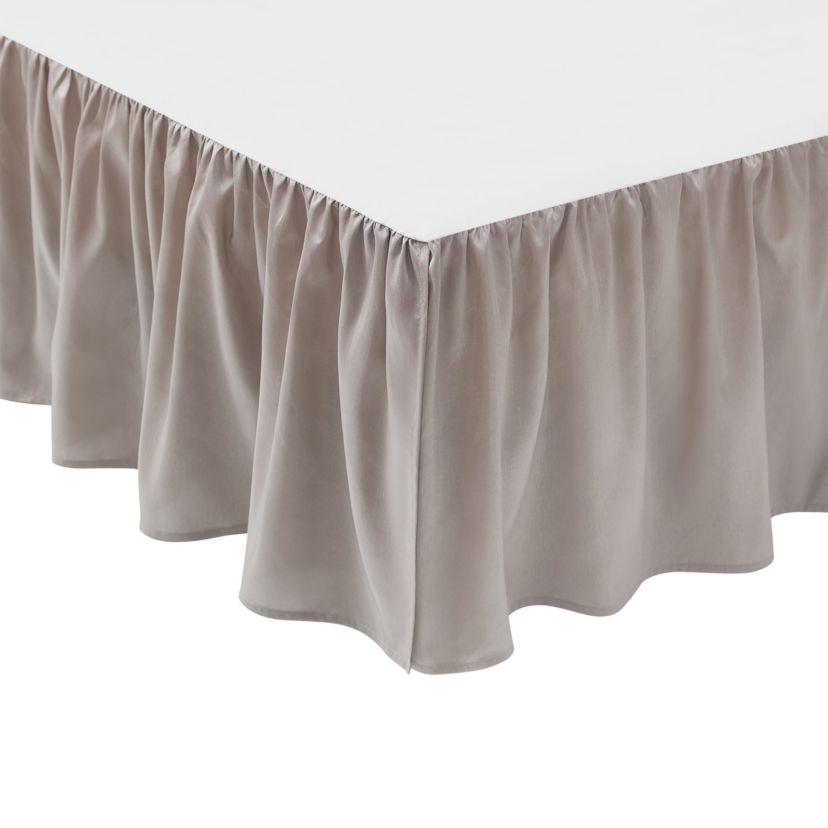 The rich Waterford Fine Linens Hazeldene bedding set is a beautiful allover taupe design. The woven jacquard comforter has a pucker construction creating exquisite dimension. Coordinating pillow shams add shine and are finished with an elegant accent and corded trim.   Included in the set is a ruffled taupe bedskirt and textured euro shams with a ruched border and fringe accent reversing to an hourglass design.  Queen dimensions: Comforter 92" x 96", Std Sham 20" x 26",  European Sham 26" x 26" Bed Skirt 60" x 80" with 16" drop, King dimensions: Comforter 110" x 96", King Shams 20" x 36", European shams 26" x 26" and Bed Skirt 72" x 84" with 16" drop.  Dry Clean Only.