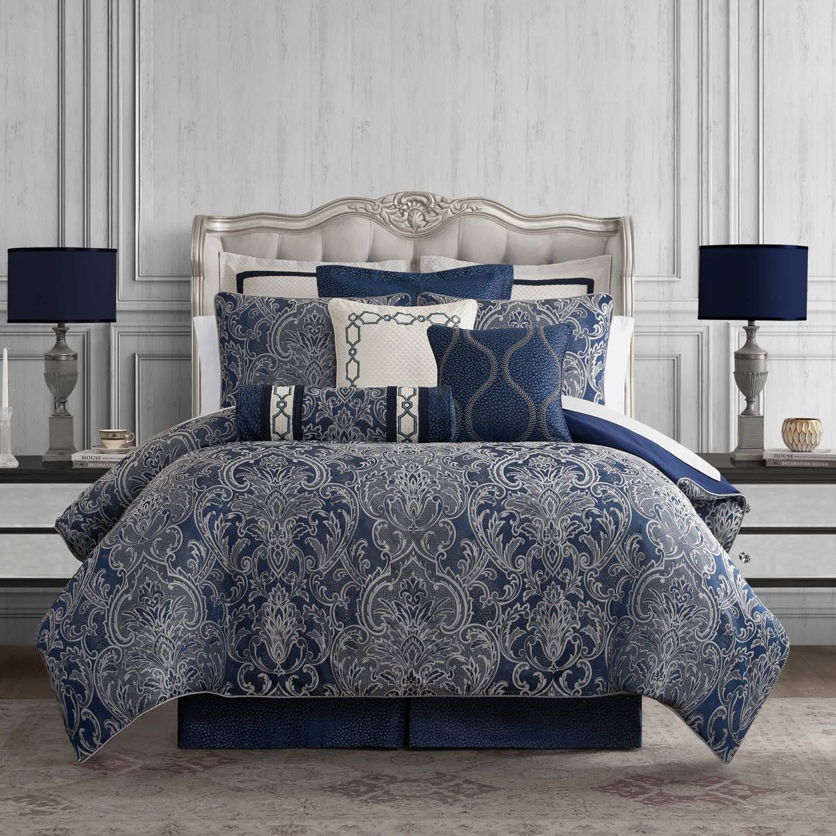 The elegant Waterford Blarney bedding set is an exquisite woven jacquard in blue with ivory accents.   The comforter and matching pillow shams feature a multi layer jacquard with a blooming arabesque design . Add a contemporary feel with the center pleat bedskirt in blue with a small pebble woven design. Included in the four piece set is the comforter, two pillow shams and bedskirt.