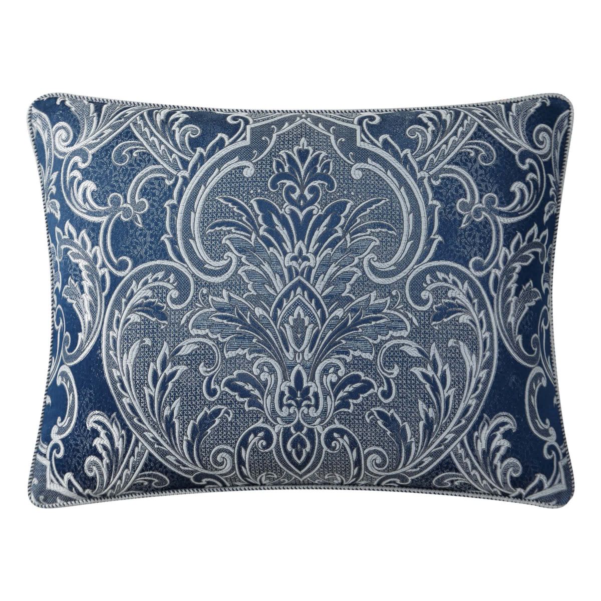 The elegant Waterford Blarney bedding set is an exquisite woven jacquard in blue with ivory accents.   The comforter and matching pillow shams feature a multi layer jacquard with a blooming arabesque design . Add a contemporary feel with the center pleat bedskirt in blue with a small pebble woven design. Included in the four piece set is the comforter, two pillow shams and bedskirt.