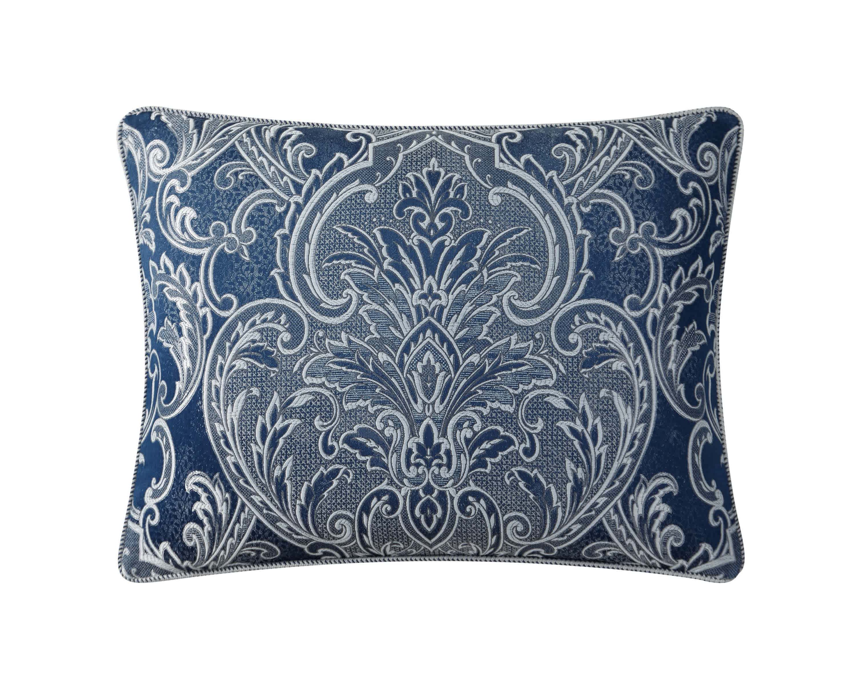 The elegant Waterford Blarney bedding set is an exquisite woven jacquard in blue with ivory accents.   The comforter and matching pillow shams feature a multi layer jacquard with a blooming arabesque design . Add a contemporary feel with the center pleat bedskirt in blue with a small pebble woven design. Included in the four piece set is the comforter, two pillow shams and bedskirt.