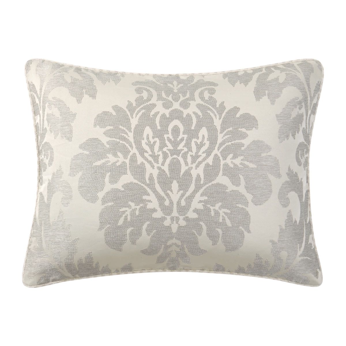 The large scale woven damask with an hourglass design provides a stunning update to your bedroom. The ivory and platinum four piece set includes a comforter with matching pillow shams and center pleat bedskirt.