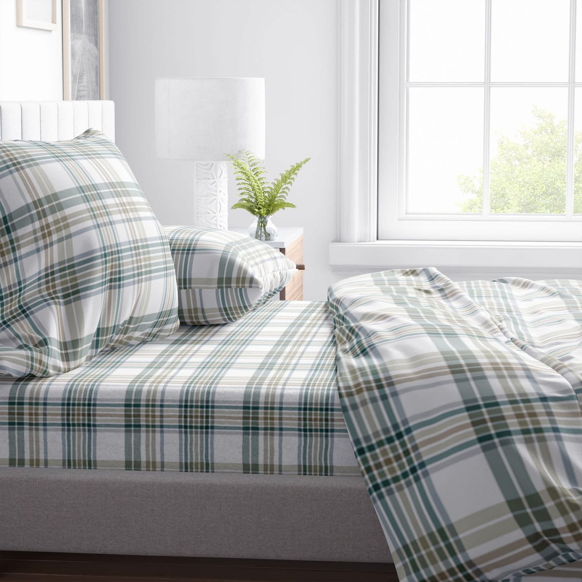 Khaki Plaid Full Fleece Sheet Set