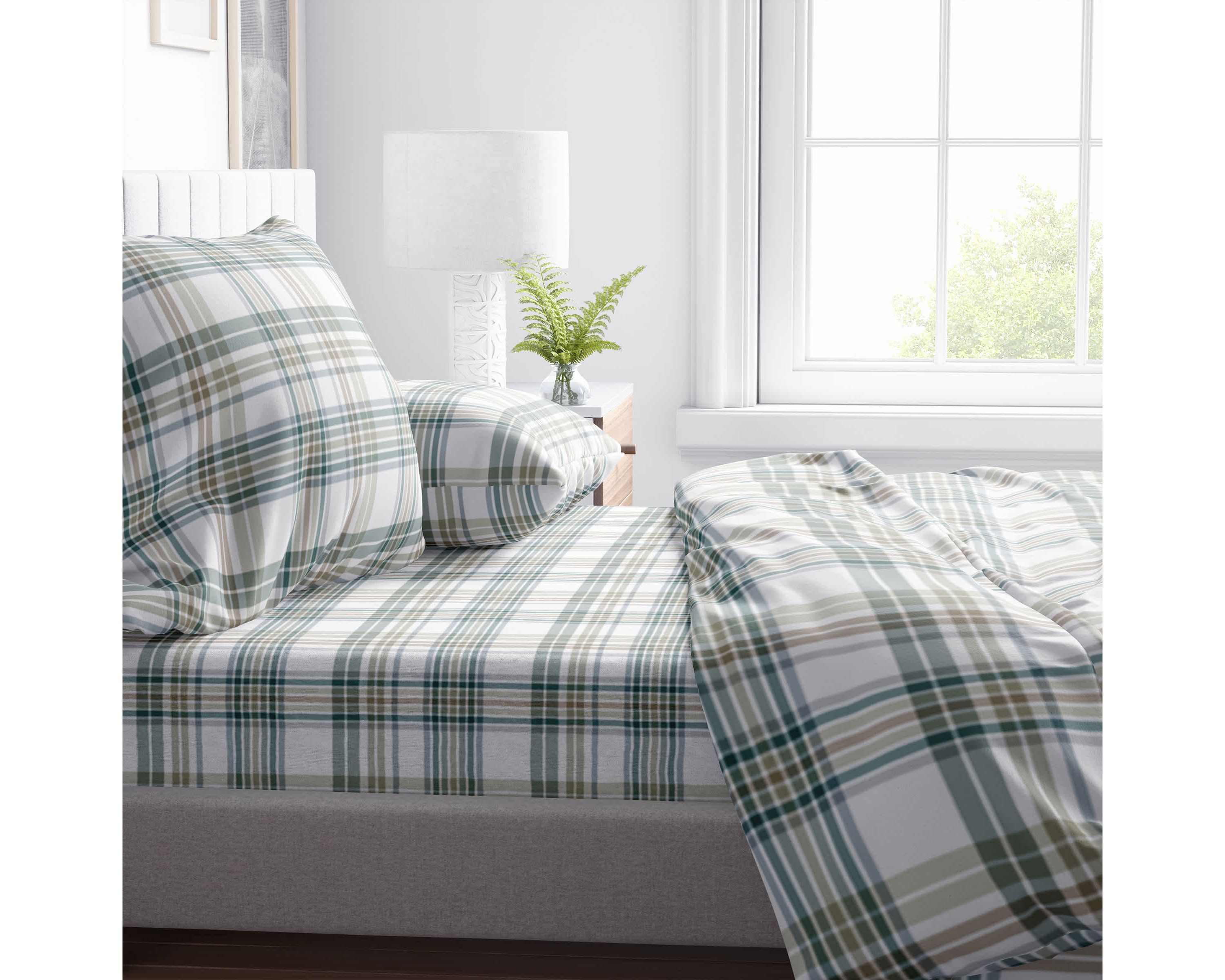 Khaki Plaid Full Fleece Sheet Set