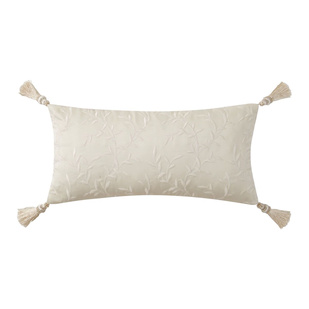 The ivory Arderra 11" x 22" exquisite decorative pillow features an embroidered leaf design. The pillow reverses to a herringbone pattern and is finished with four corner tassels.