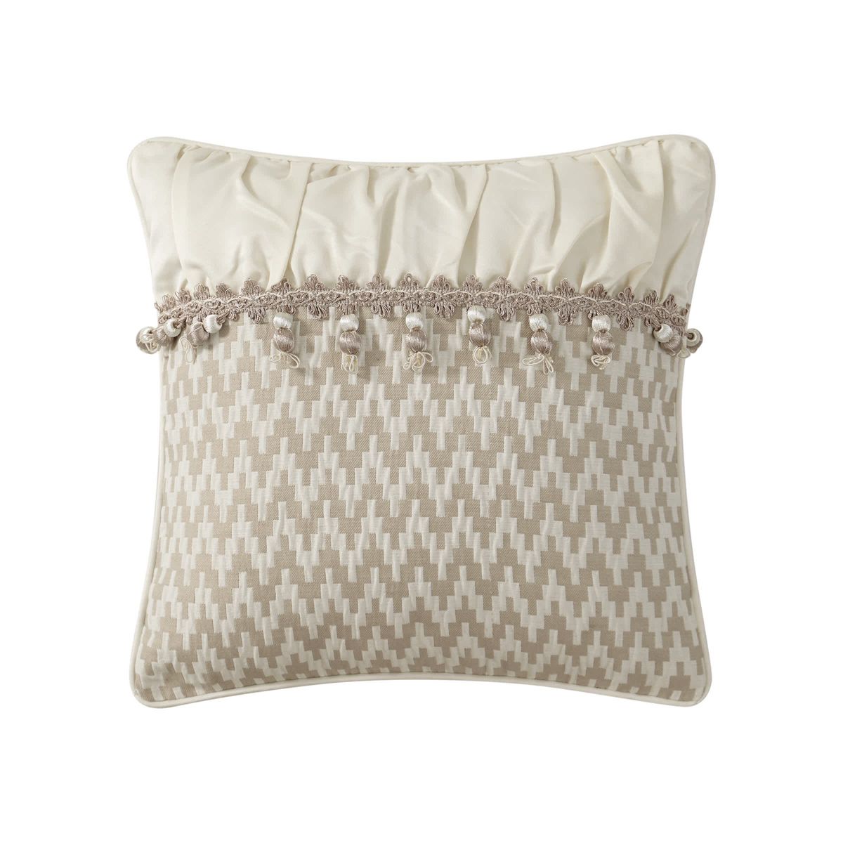 The Arderra 16" x 16" decorative pillow features a woven geometric design with a pleated pucker element and decorative trim. The pillow reverses to the woven geometric design and is finished with four sided self cording.