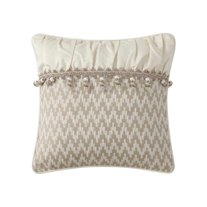 The Arderra 16" x 16" decorative pillow features a woven geometric design with a pleated pucker element and decorative trim. The pillow reverses to the woven geometric design and is finished with four sided self cording.