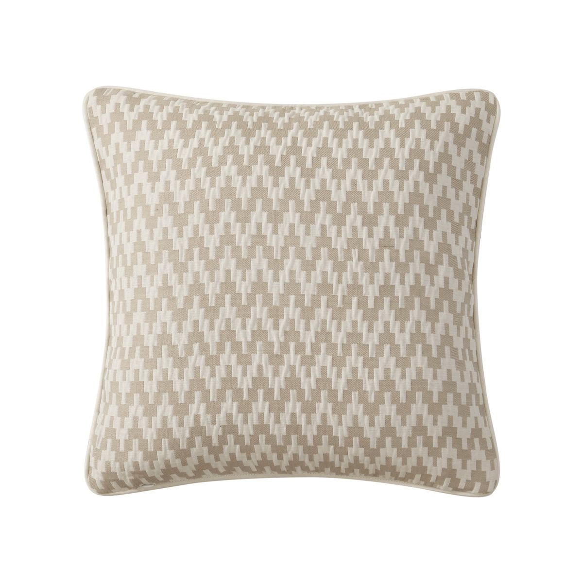 The Arderra 16" x 16" decorative pillow features a woven geometric design with a pleated pucker element and decorative trim. The pillow reverses to the woven geometric design and is finished with four sided self cording.
