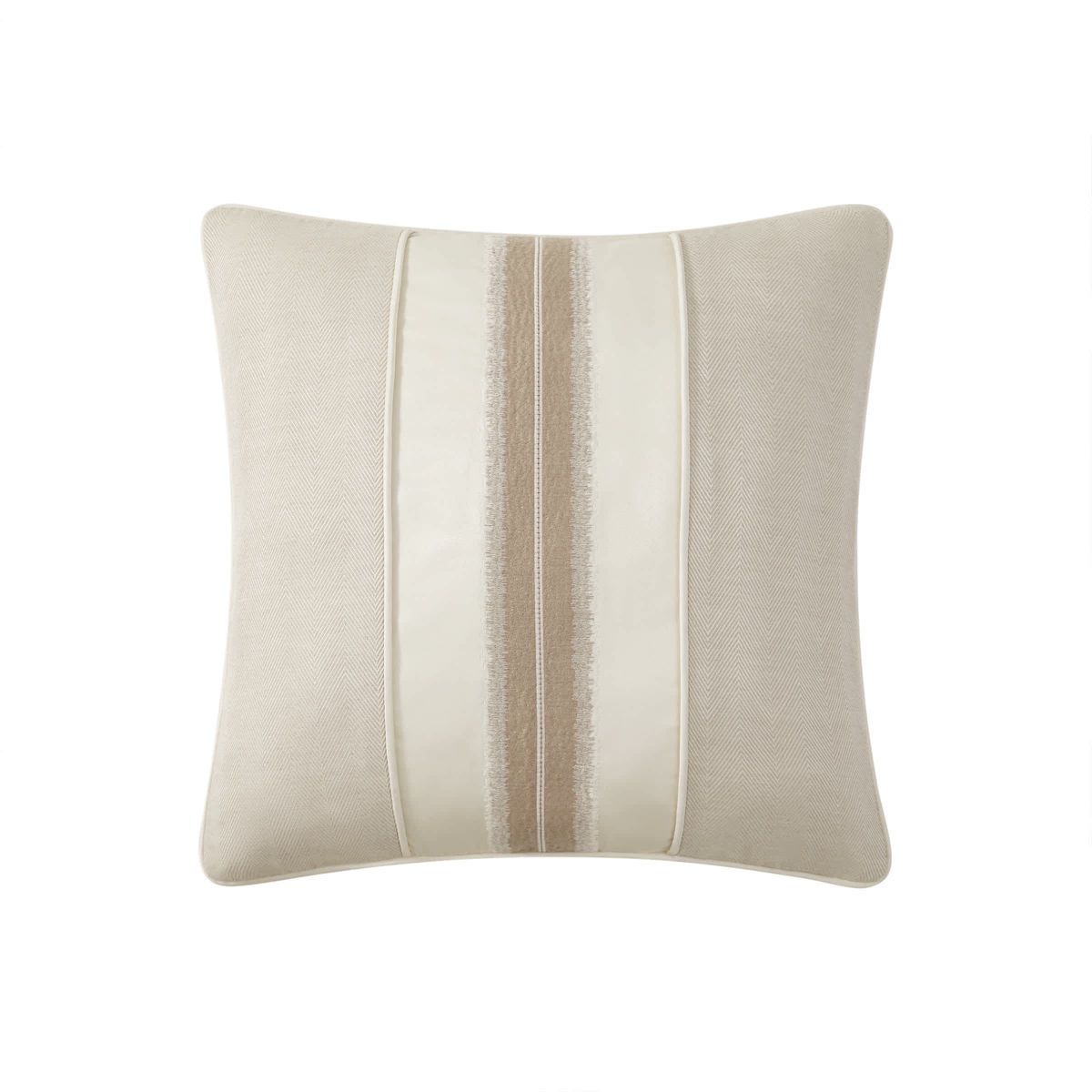 This updated 20" x 20" Arderra pillow showcases a center embroidered stripe flanked by a solid ivory and woven herringbone design. The pillow reverses to a woven herringbone design.