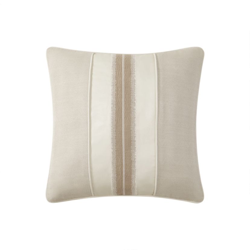 This updated 20" x 20" Arderra pillow showcases a center embroidered stripe flanked by a solid ivory and woven herringbone design. The pillow reverses to a woven herringbone design.