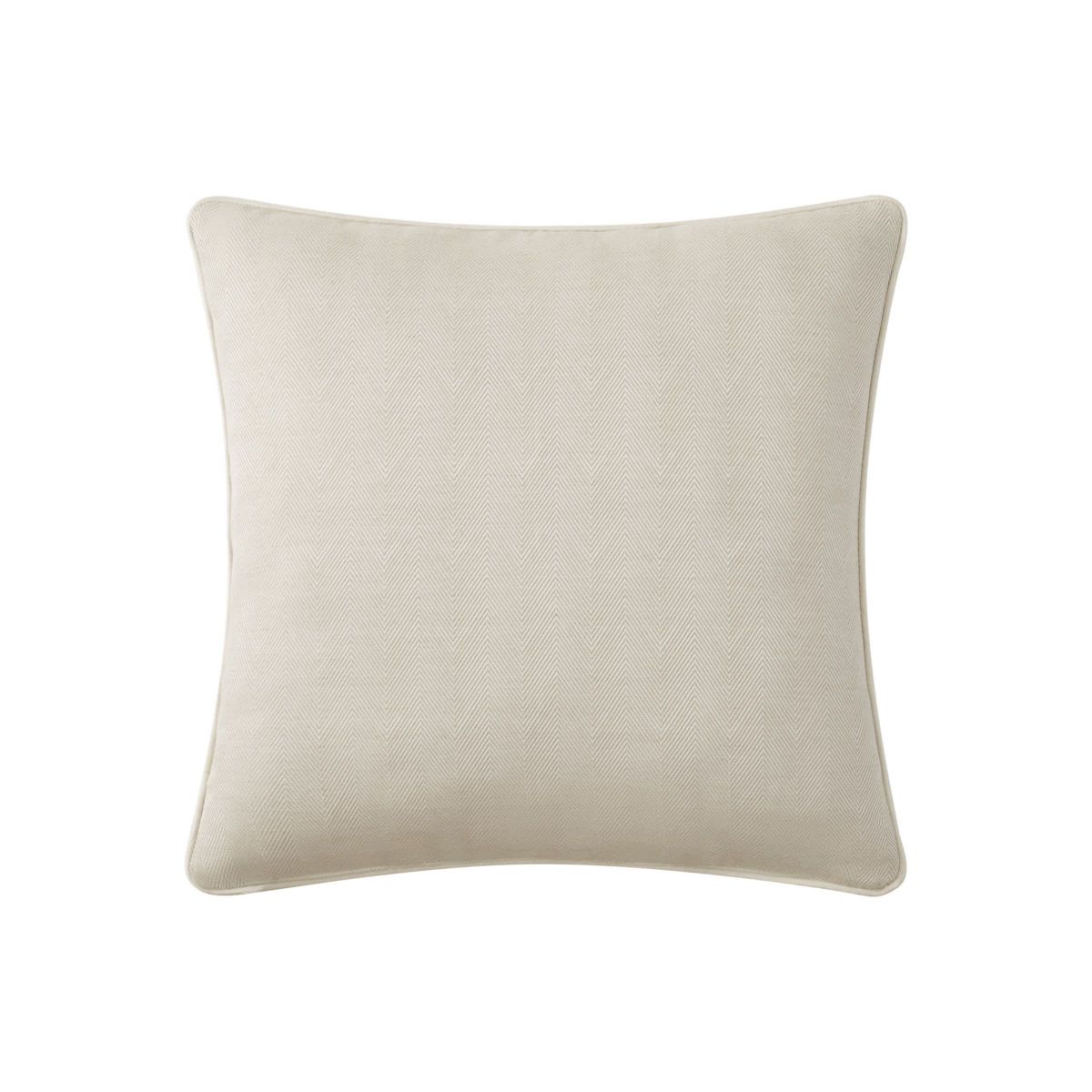 This updated 20" x 20" Arderra pillow showcases a center embroidered stripe flanked by a solid ivory and woven herringbone design. The pillow reverses to a woven herringbone design.