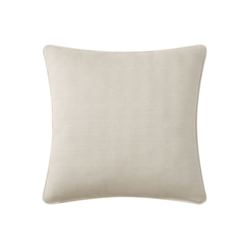 This updated 20" x 20" Arderra pillow showcases a center embroidered stripe flanked by a solid ivory and woven herringbone design. The pillow reverses to a woven herringbone design.