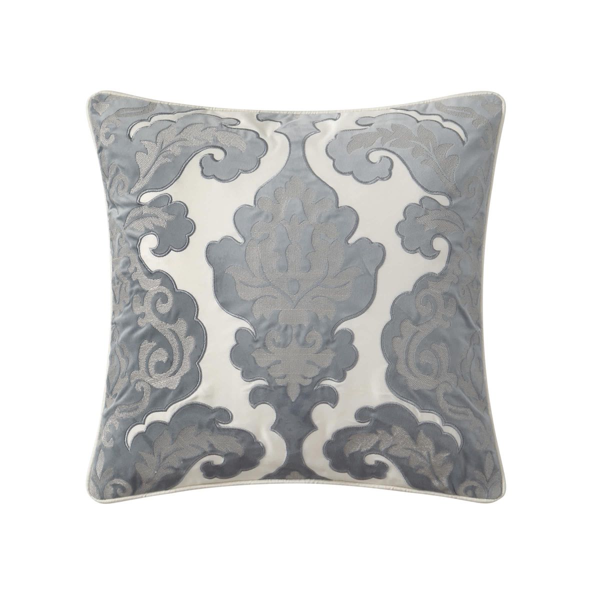 This 18" x 18" applique pillow from the Waterford Blenheim collection features an engineered damask pattern applique atop a solid ivory sateen. The pillow is finished with a four sided self cording and reverses to solid ivory.