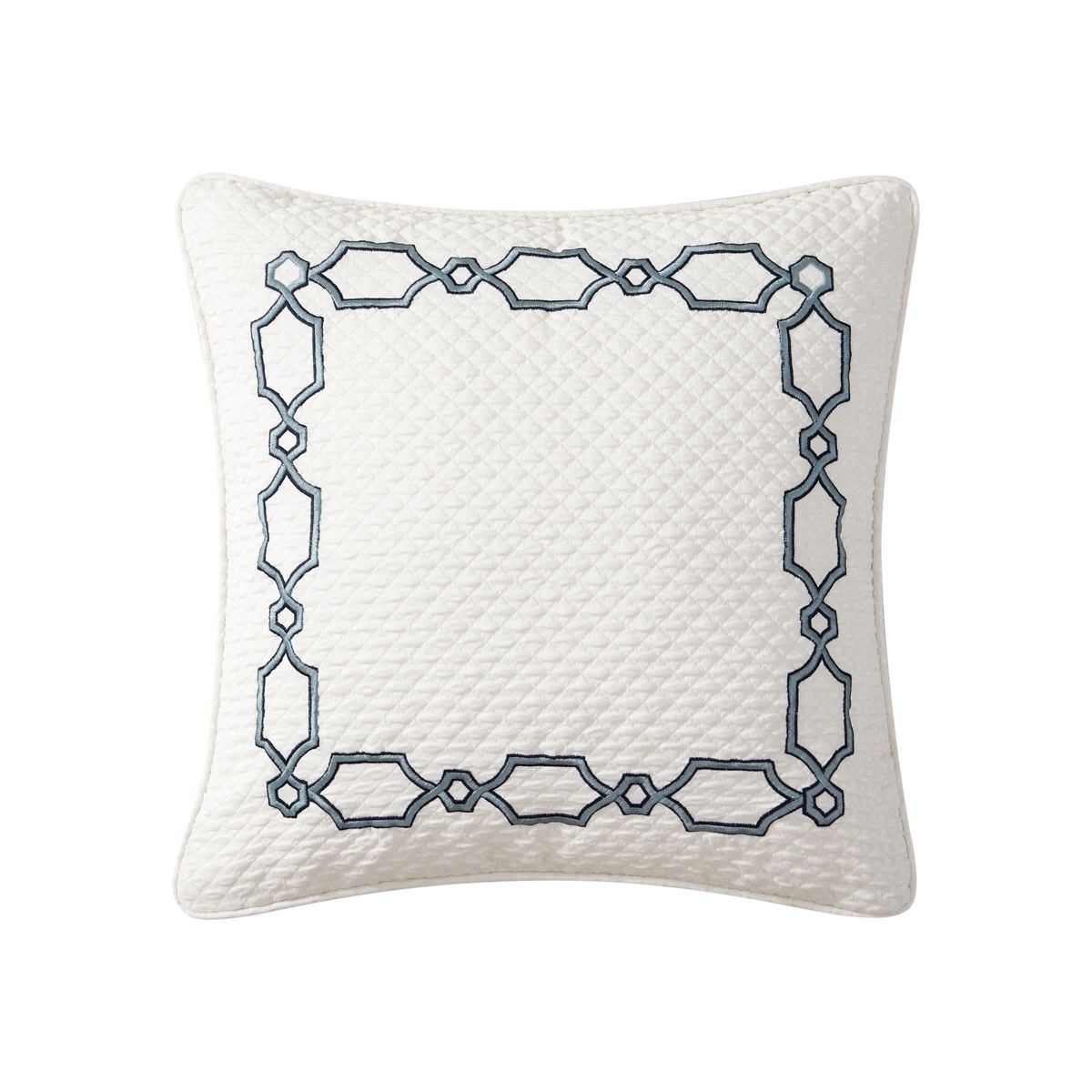 The oversized 20" x 20"Blarney decorative pillow has an ivory quilted front with a wide embroidered detail border in navy. The navy reverse features a small woven design.