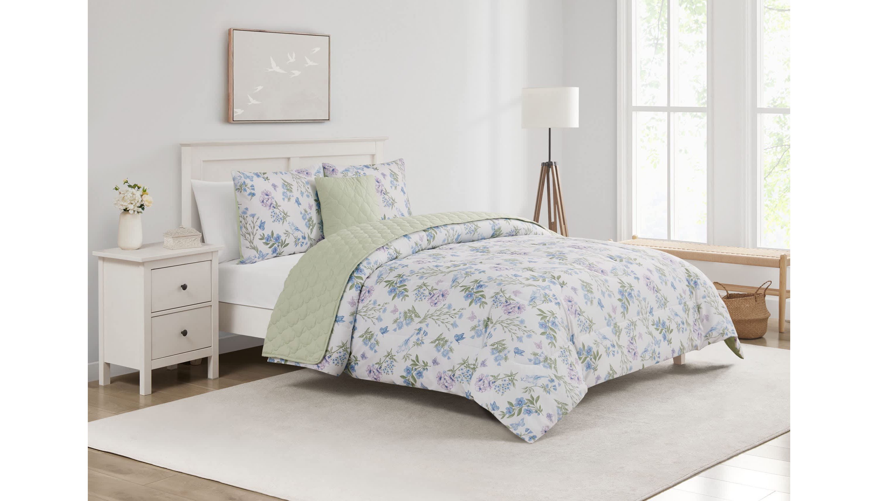 Transform your bedroom into a peaceful garden retreat with the Bird Garden Seafoam 5pc Comforter and Quilt Set. Featuring delicate watercolor blooms, fluttering butterflies, and soft bluebirds on silky microfiber, this set brings nature’s calm indoors. Reverses to a tranquil seafoam green for added serenity.