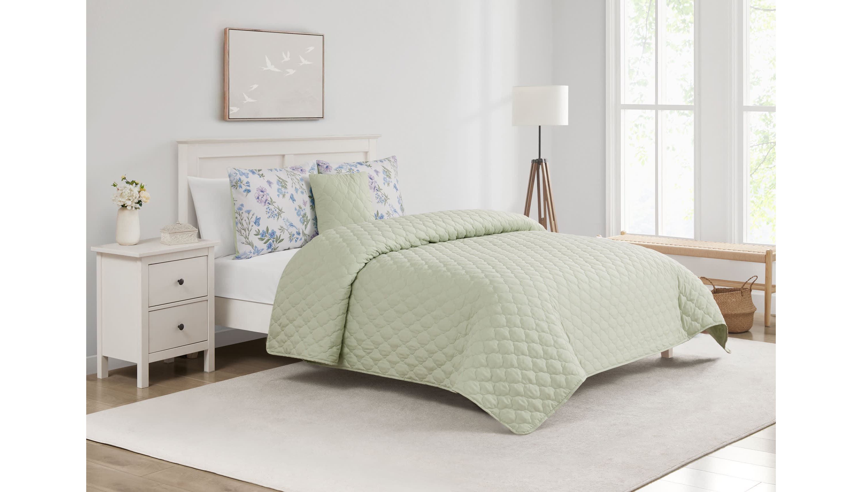 Transform your bedroom into a peaceful garden retreat with the Bird Garden Seafoam 5pc Comforter and Quilt Set. Featuring delicate watercolor blooms, fluttering butterflies, and soft bluebirds on silky microfiber, this set brings nature’s calm indoors. Reverses to a tranquil seafoam green for added serenity.