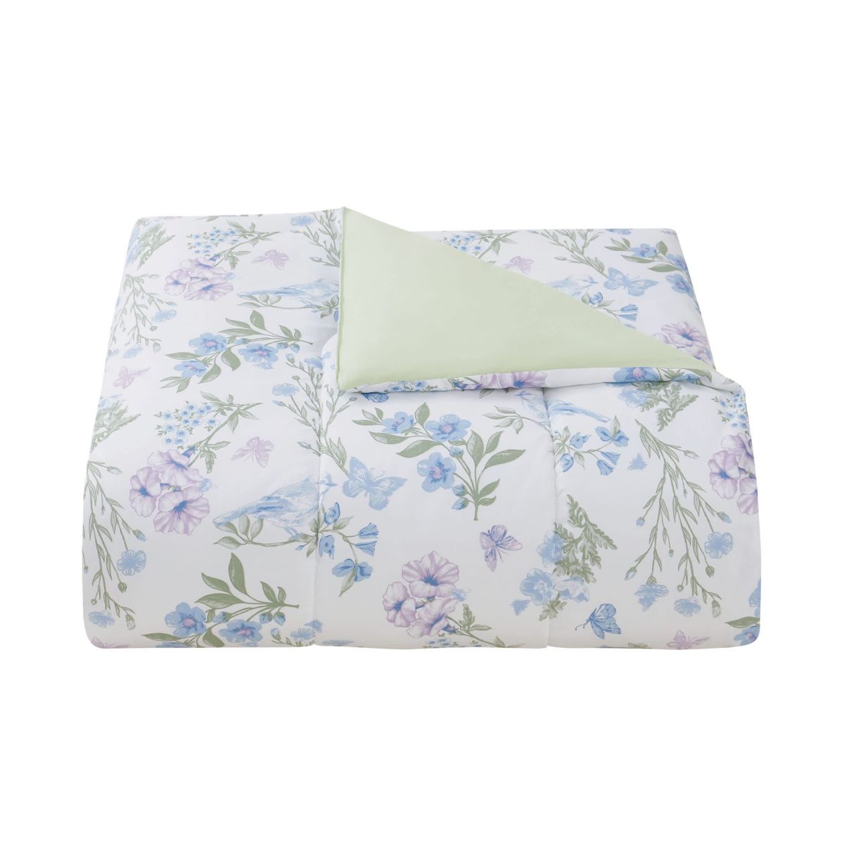 Transform your bedroom into a peaceful garden retreat with the Bird Garden Seafoam 5pc Comforter and Quilt Set. Featuring delicate watercolor blooms, fluttering butterflies, and soft bluebirds on silky microfiber, this set brings nature’s calm indoors. Reverses to a tranquil seafoam green for added serenity.